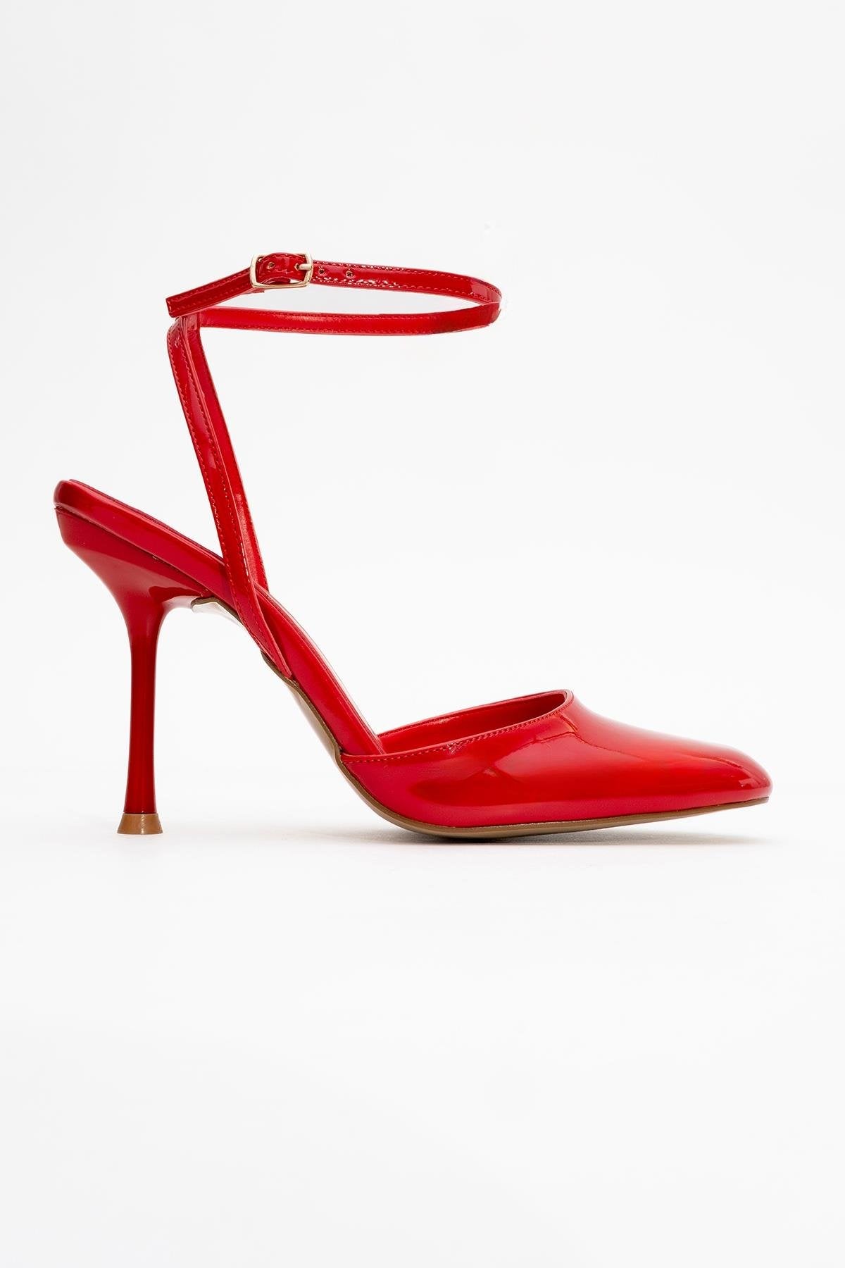 Blues - Zapatos de tacón con tira en el tobillo, puntera redonda y charol rojo (mujer)