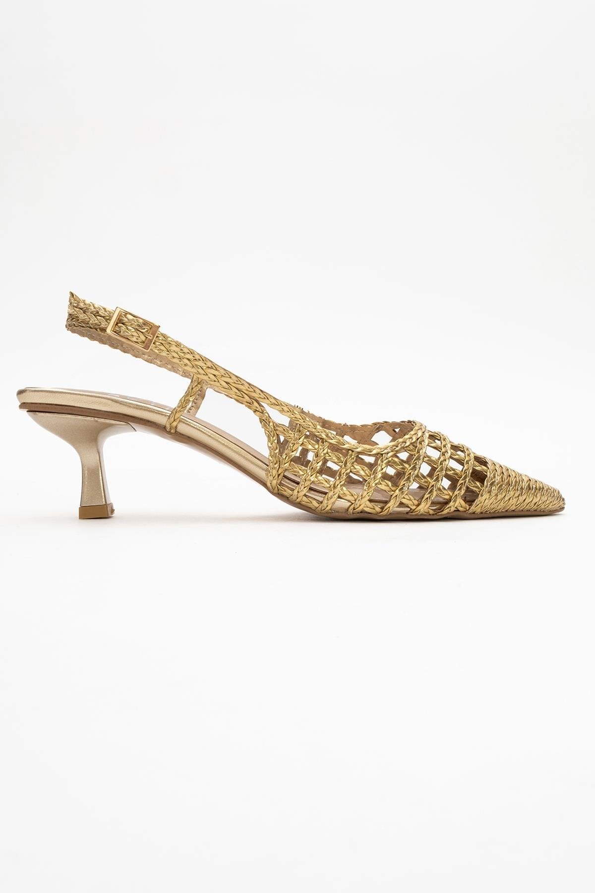 Heaven - Zapato destalonado con tacón bajo y tiras doradas de punto (Mujer)