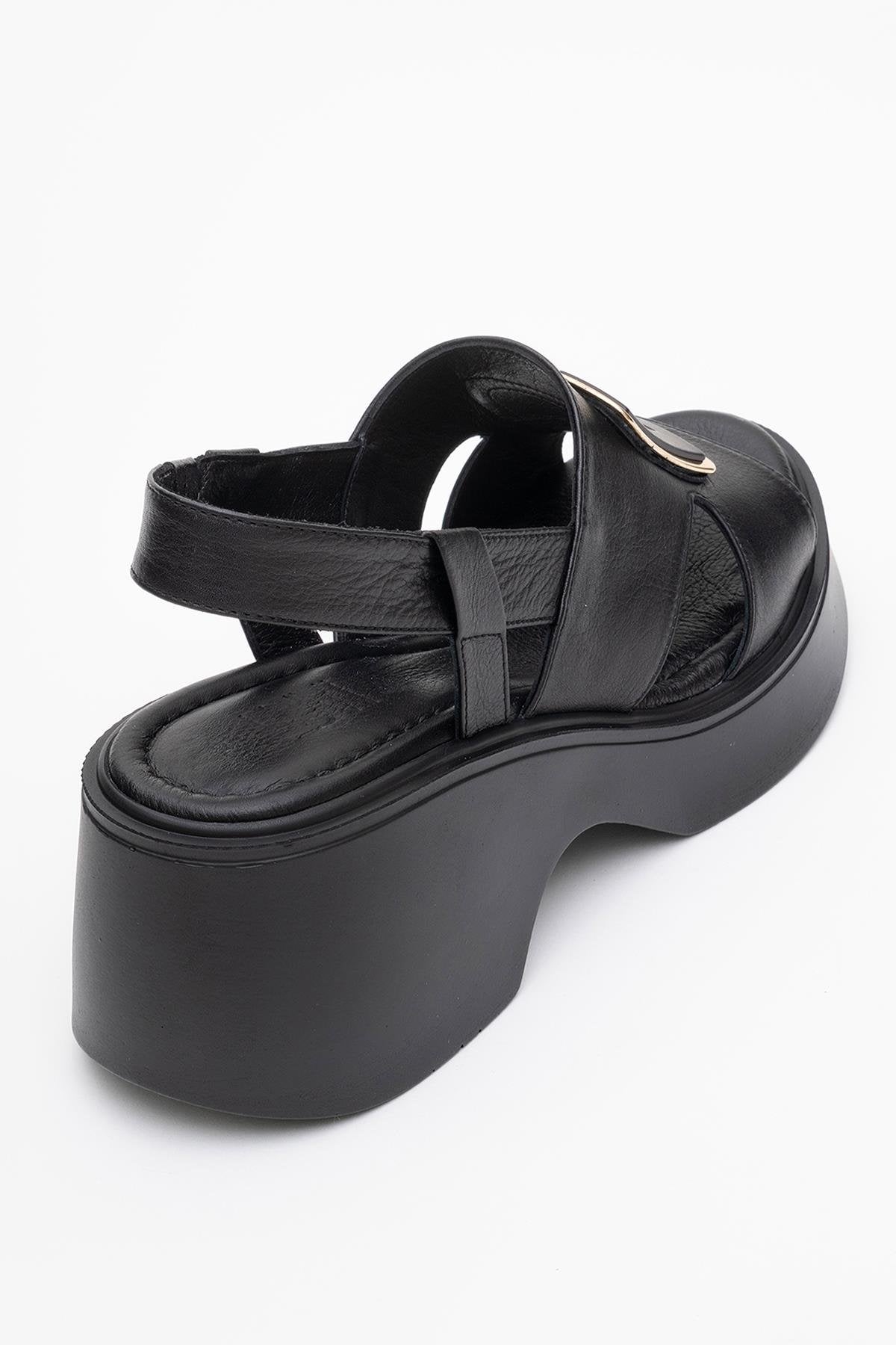 Lucia - Black Leather Buckle Platform Sandal (Women)