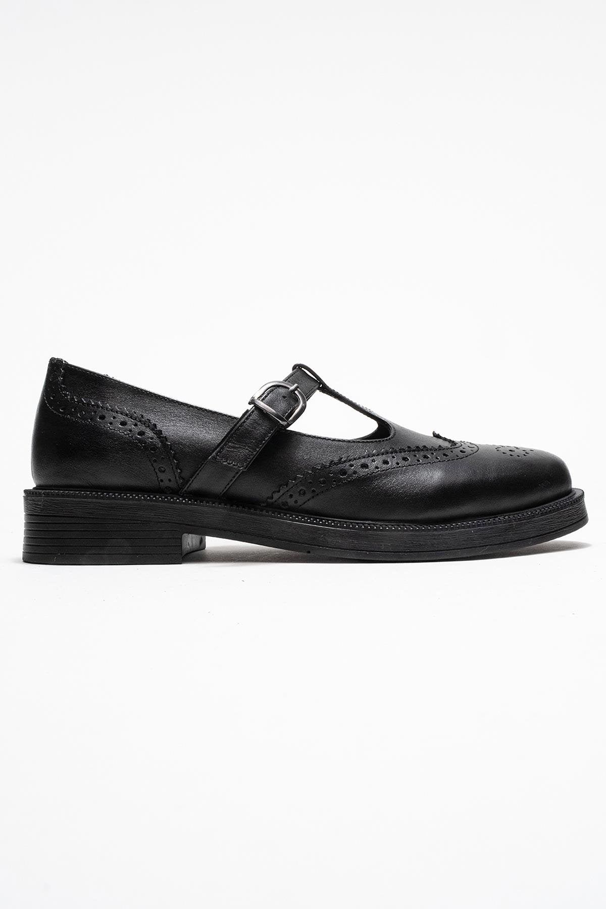 Janney - Black Leather Strap Loafers (Women)