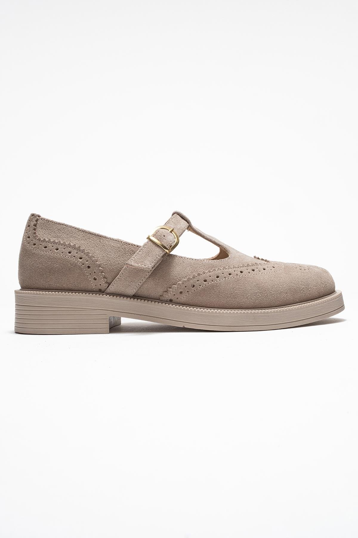 Janney - Beige Suede Leather Strap Loafers (Women)