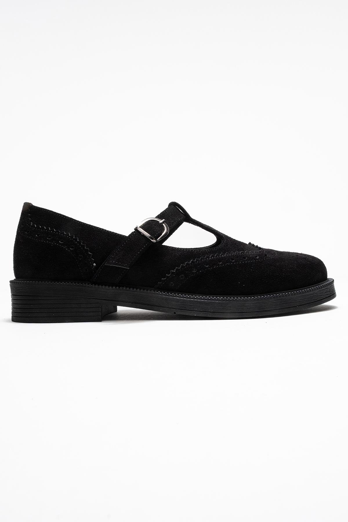 Janney - Black Suede Leather Strap Loafers (Women)