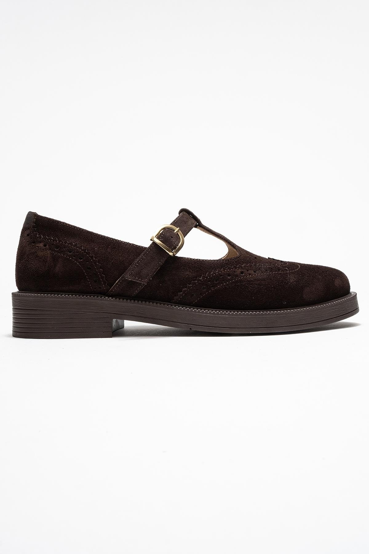 Janney - Brown Suede Leather Strap Loafers (Women)