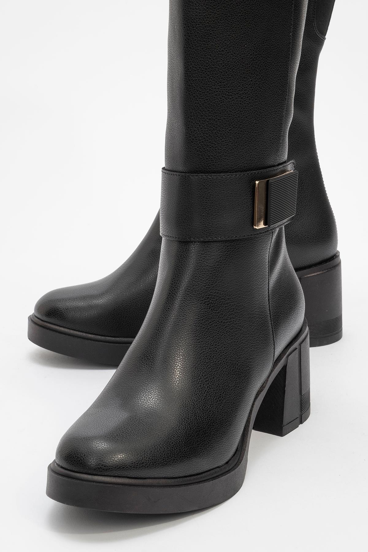 Moreni - Bota alta hasta la rodilla elástica negra con hebilla y tacón de bloque (Mujer)