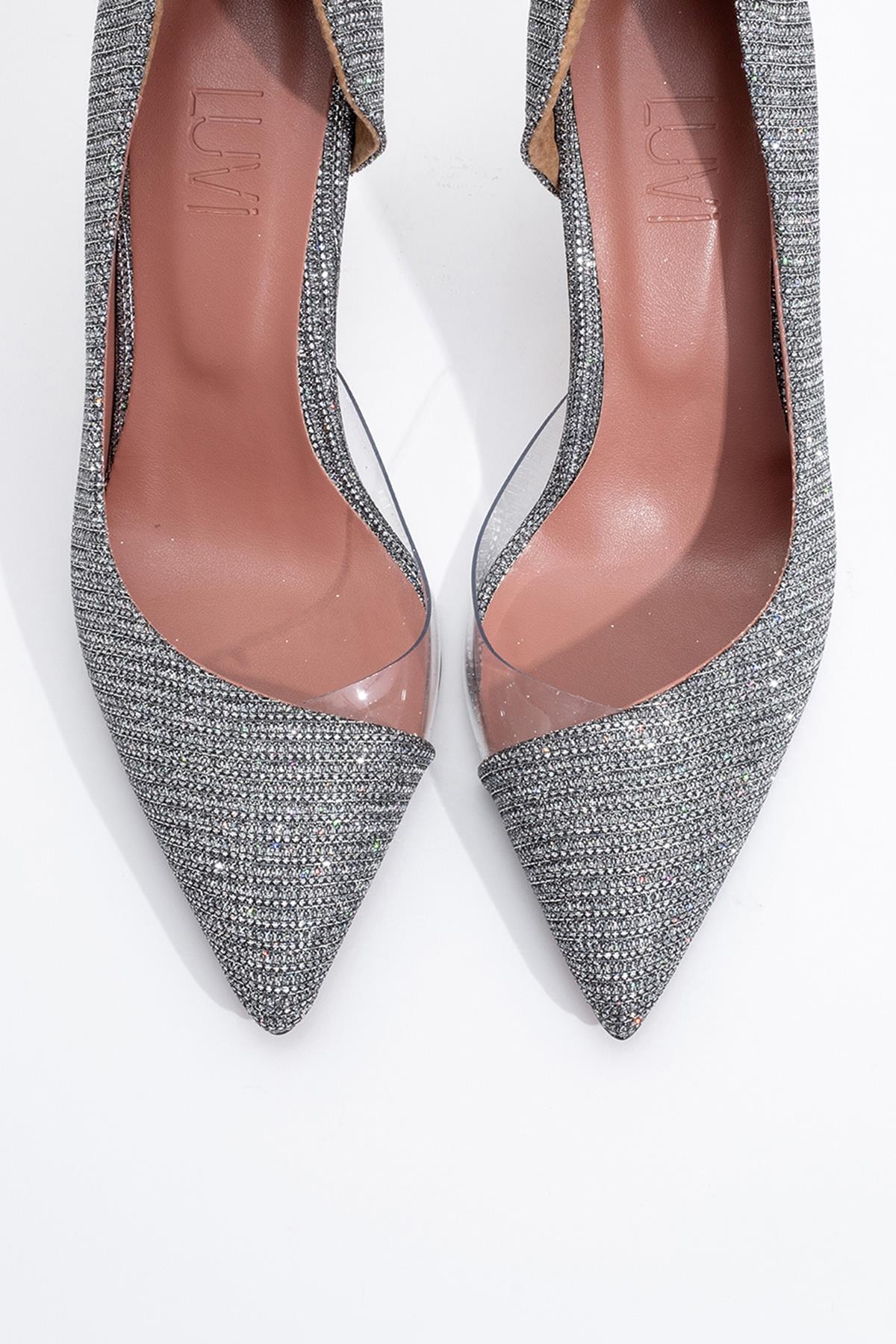 Ursula - Zapatilla de tacón de punta fina con purpurina platino (Mujer)