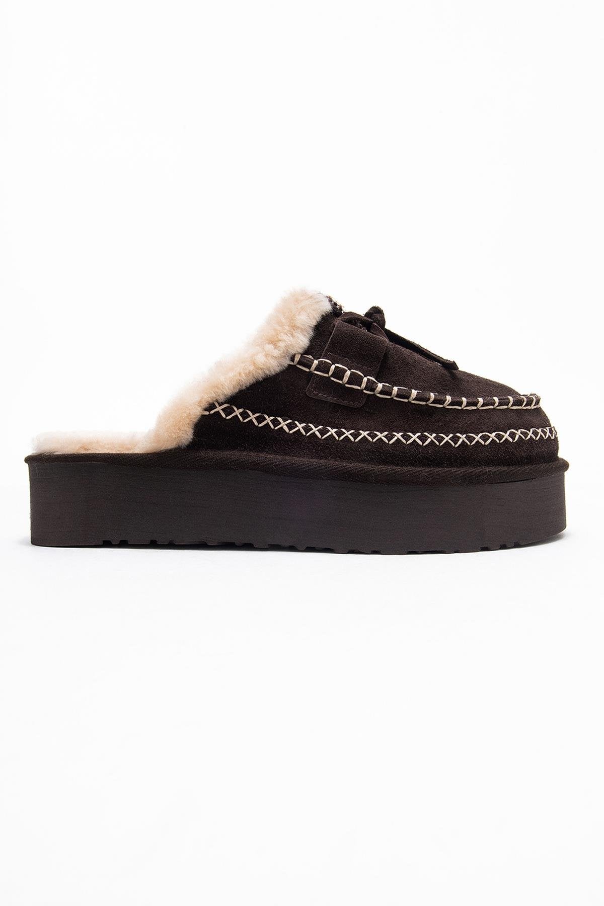 Yalina - Pantuflas Mocasín de Plataforma de Cuero Marrón (Mujer)