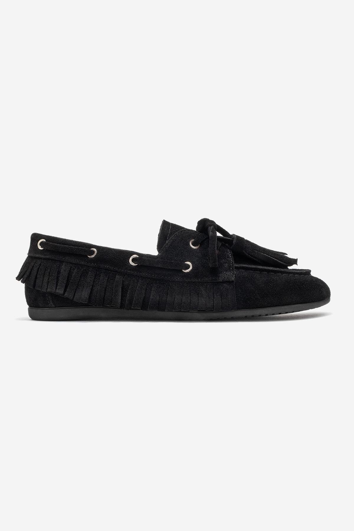 Fenora - Mocasín de cuero de ante negro con borlas (mujer)