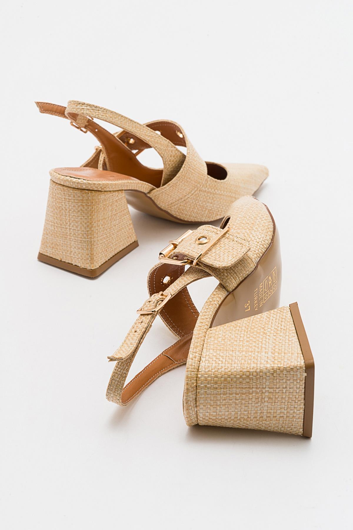 Nepido - Zapato de tacón de bloque con punta puntiaguda tejido beige (mujer)