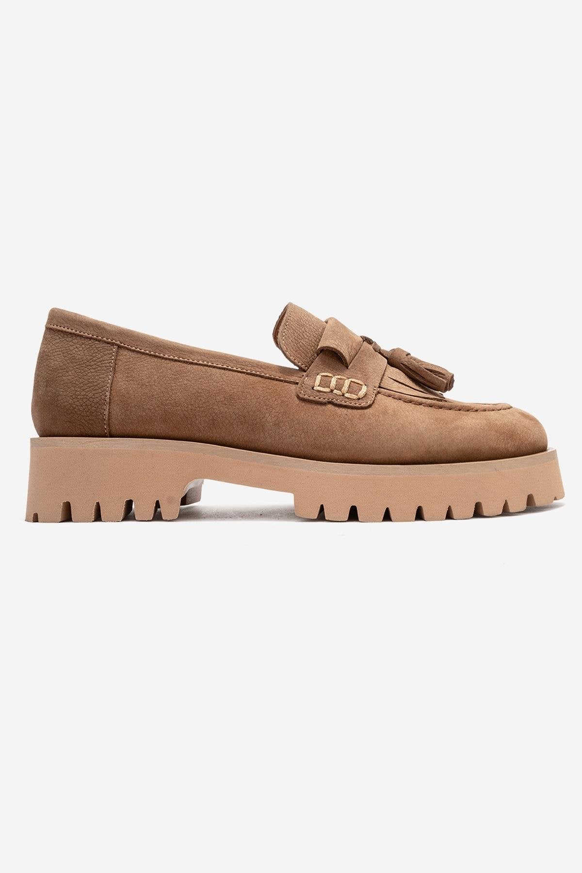 Poen - Mocasines de borlas de cuero de gamuza coñac (Mujer)