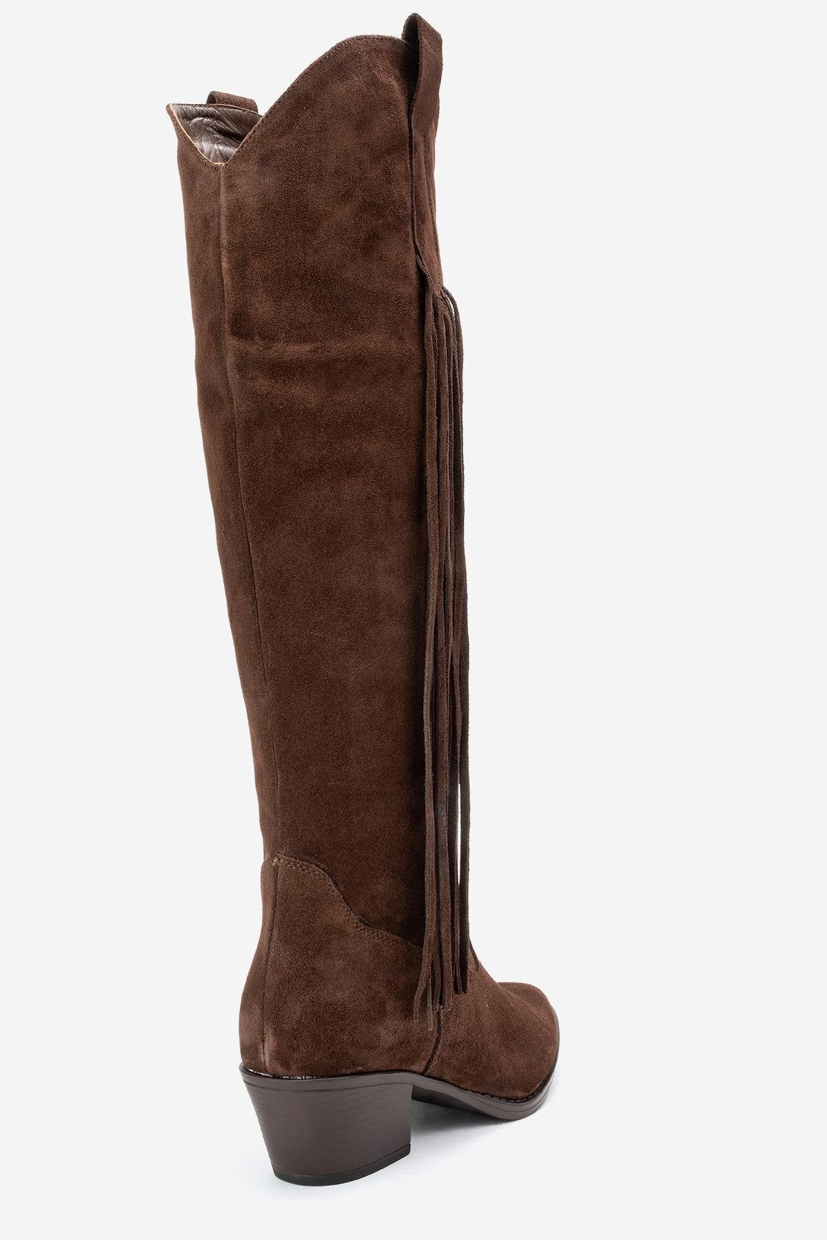 Rios - Bota alta de ante marrón con flecos hasta la rodilla (mujer)