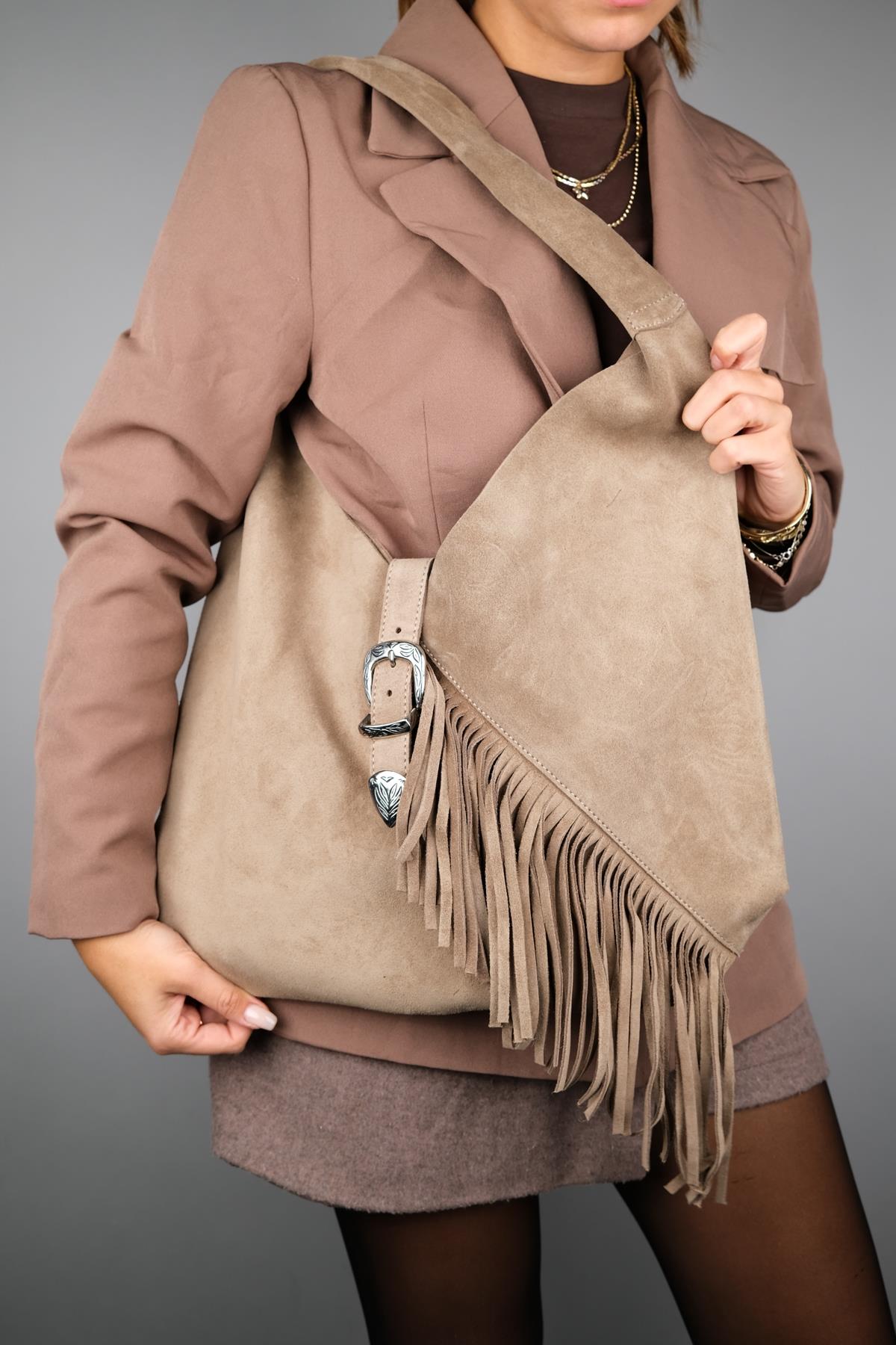 Rosalin - Bolso de hombro de ante beige con borlas (mujer)