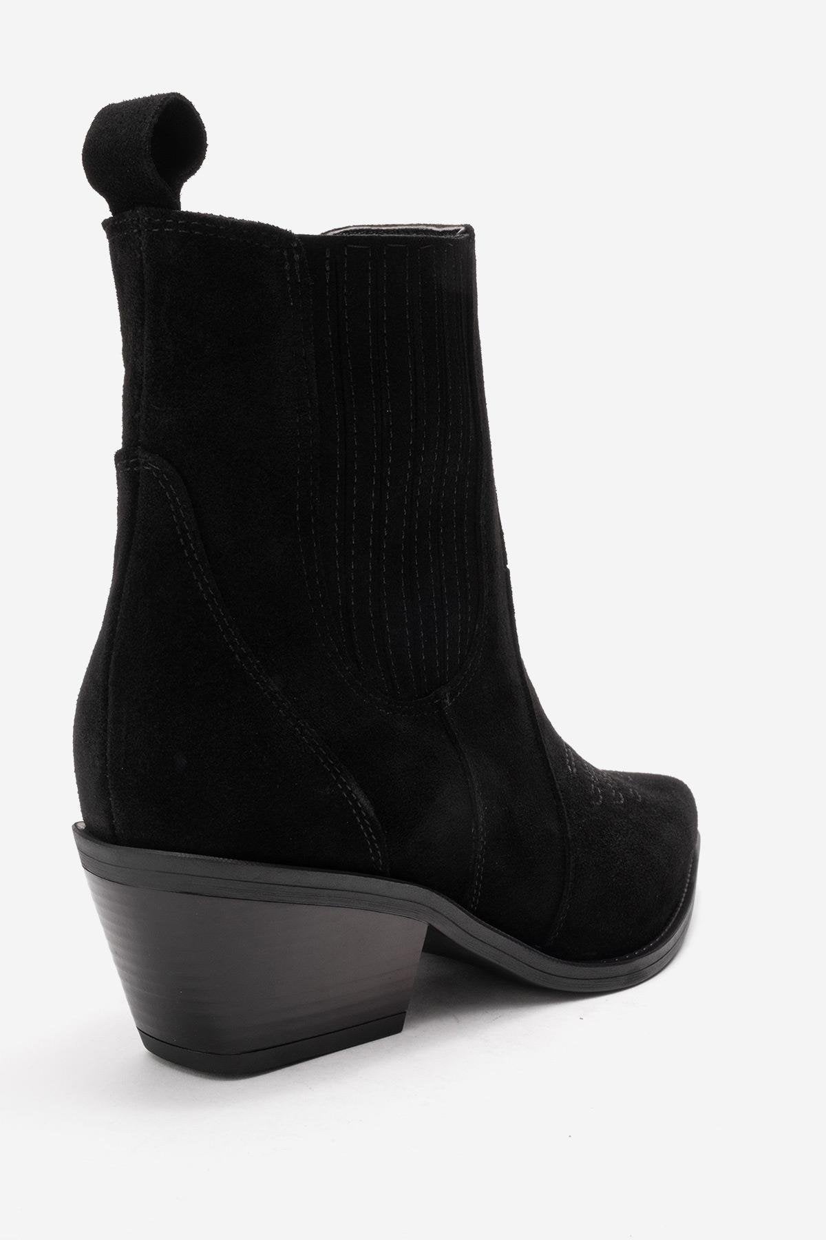 Julieta - Bota vaquera de tacón cuadrado de cuero de ante negro (mujer)