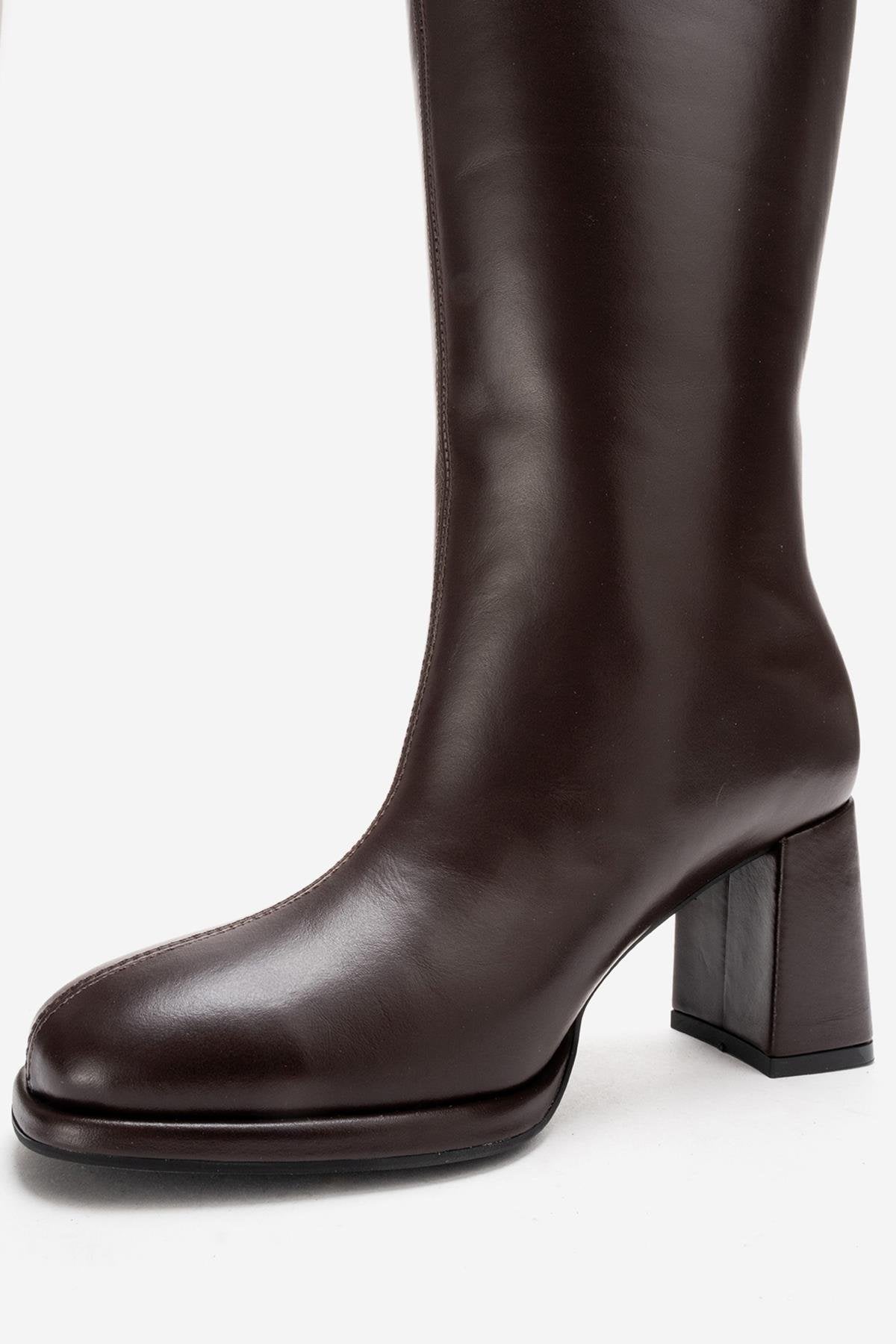 JAVEN - Brown Genuine Leather Block Heel Boot (Women)