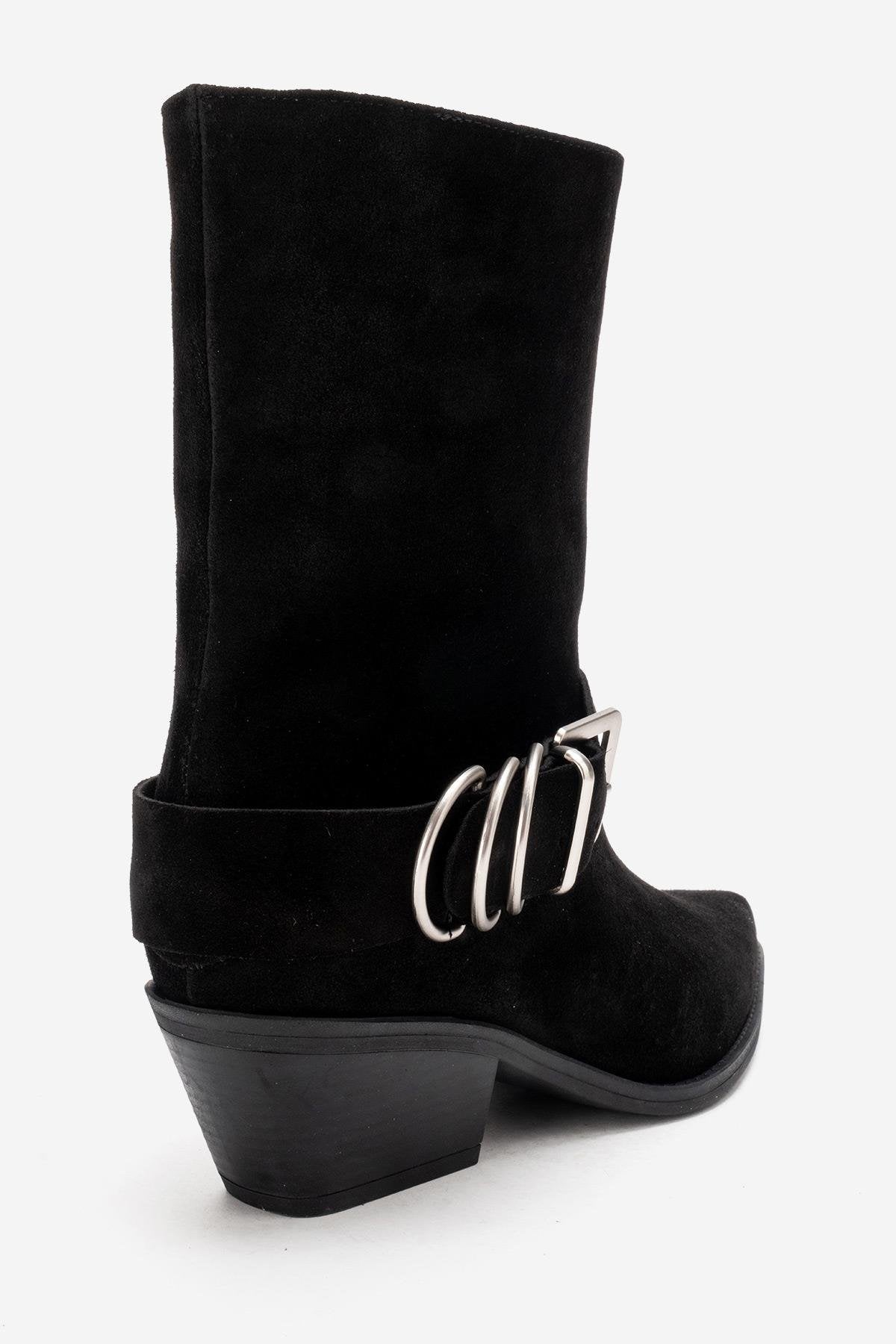 VELMOR - Black Genuine Leather Buckled Western Boot (Women)