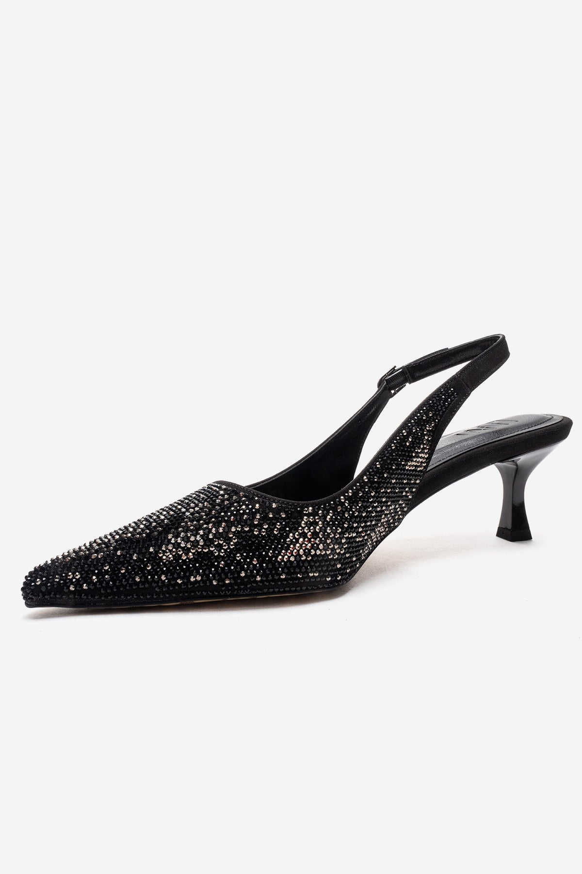 NELLA - Zapatos de tacón de aguja con pedrería y tira en el talón de platino negro (Mujer)