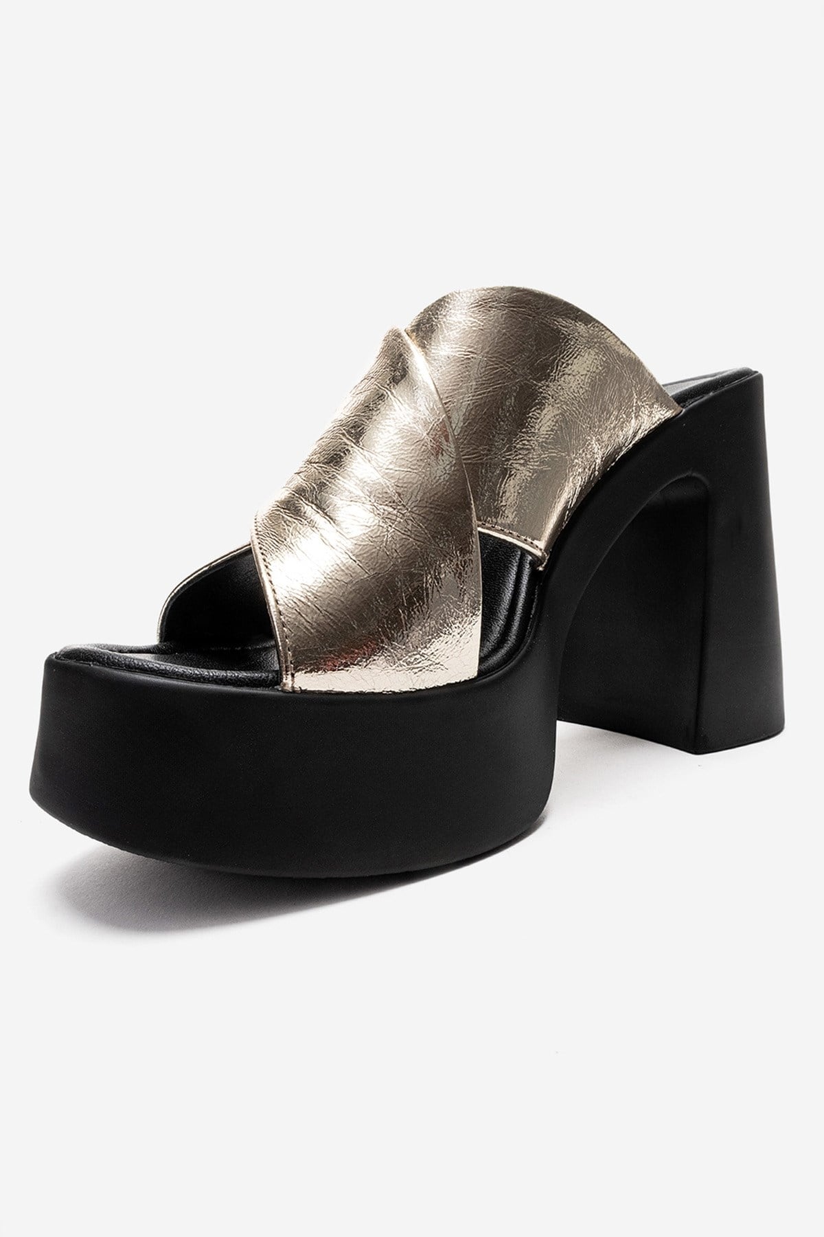 Essenza - Mules de tacón de bloque con plataforma de cuero genuino dorado (Mujer)