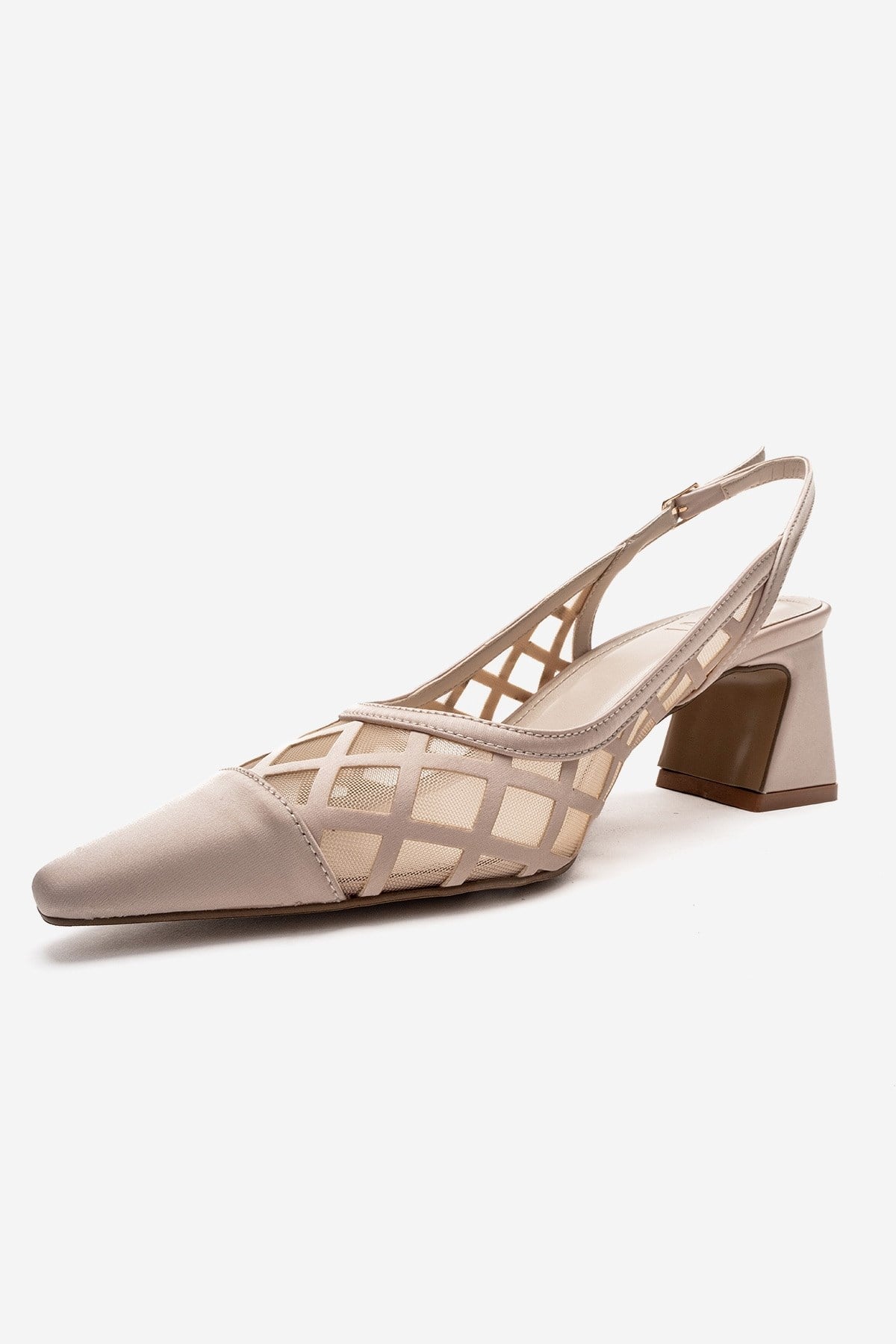 ALVERON - Zapatos de tacón grueso de satén beige con detalles de malla (Mujer)