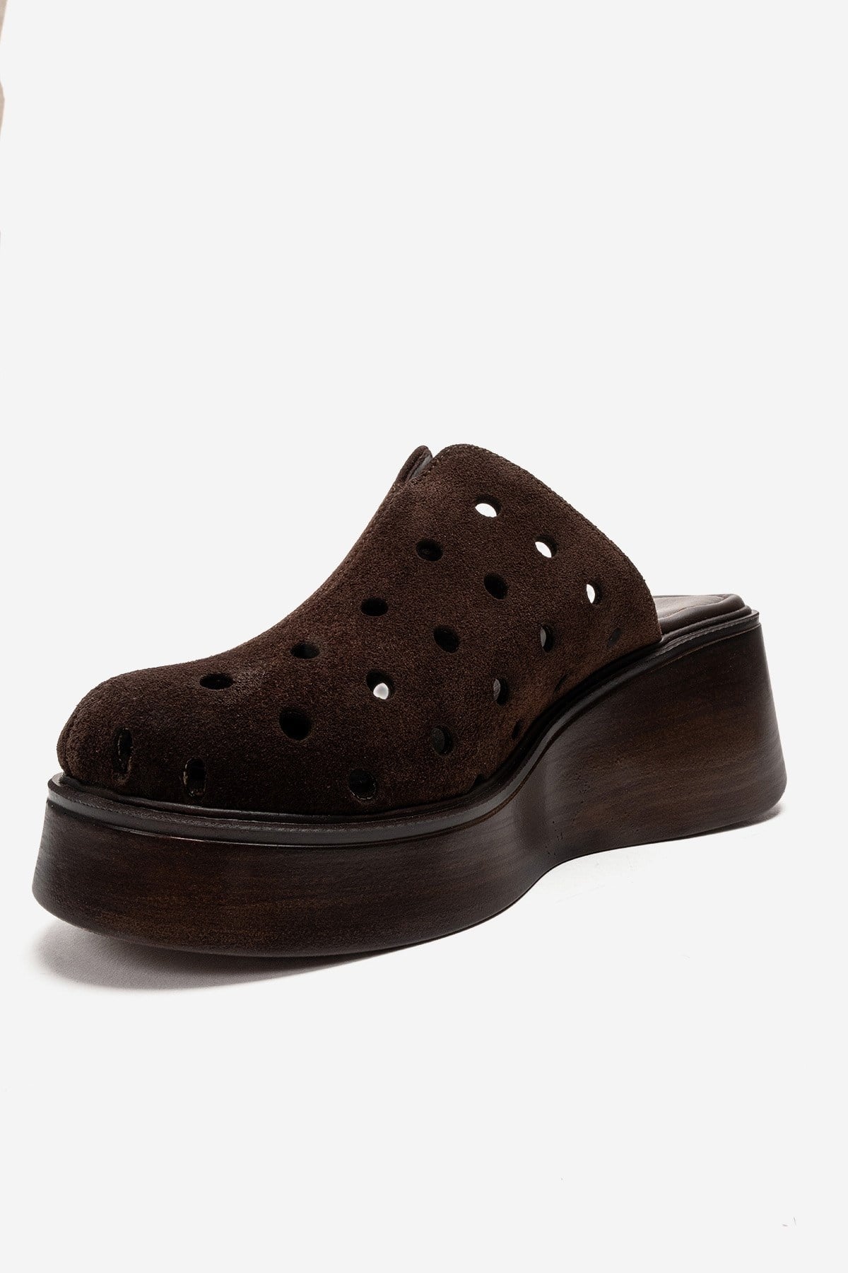 NIVES - Cognac Genuine Suede Leather Perforated Wedge Slide (Women)