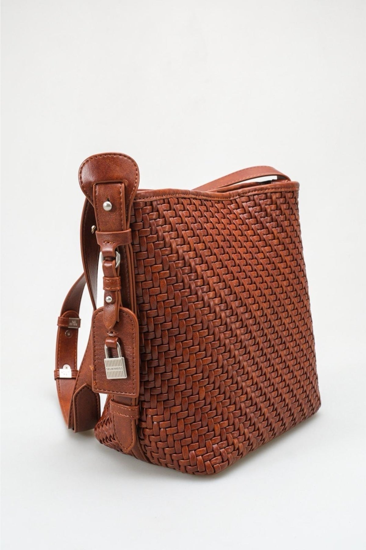 Luma - Bolso cubo tejido marrón coñac (mujer)