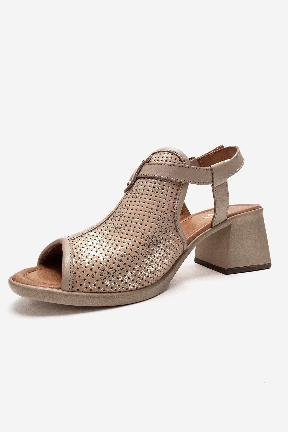 Janelle - Sandalia de Tacón Grueso de Cuero Genuino Beige (Mujer)