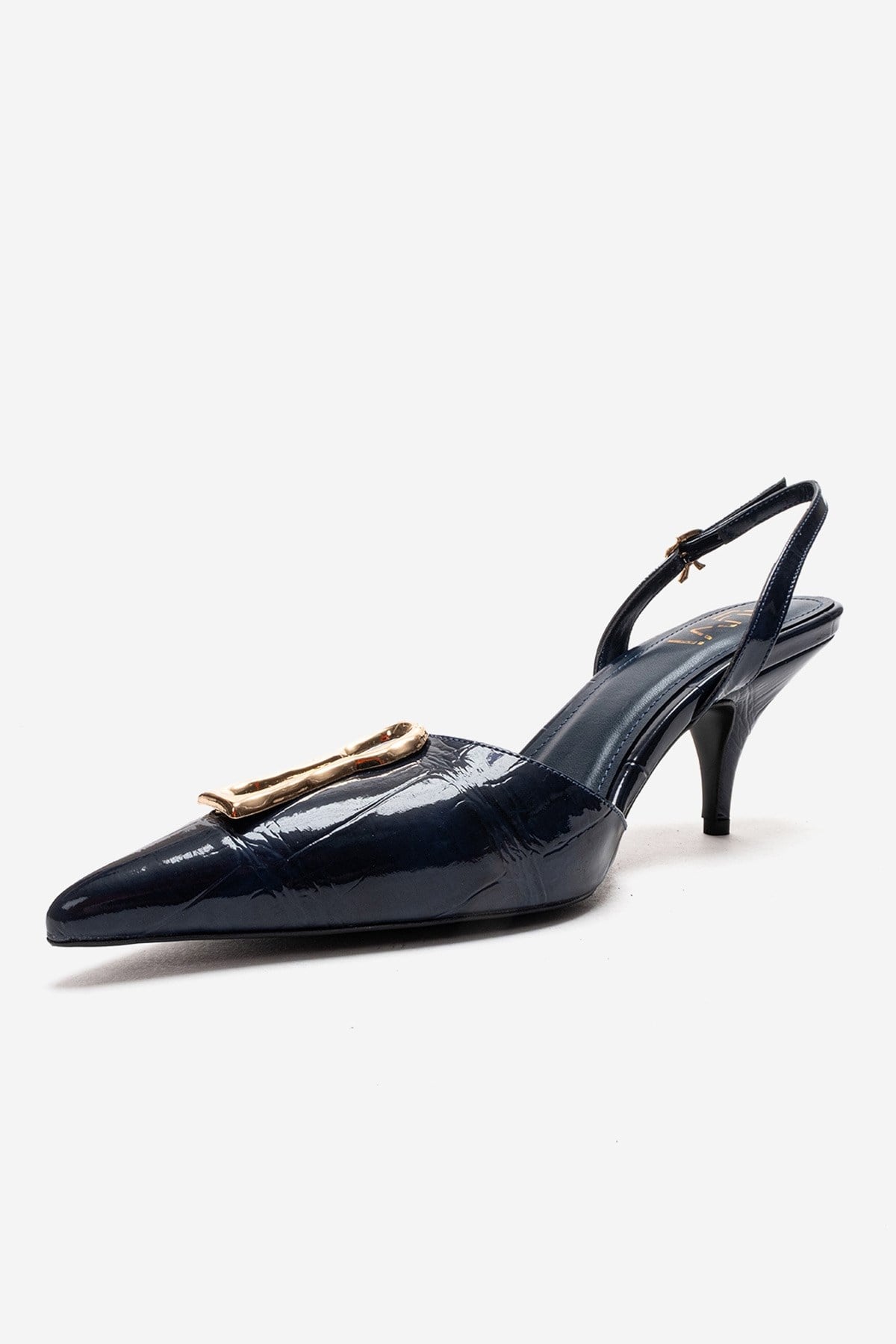 Yvella - Zapatos de tacón de aguja con hebilla de charol azul marino y punta afilada (Mujer)