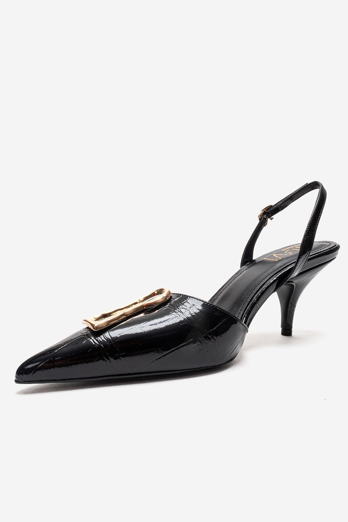 Yvella - Black Patent Buckle Pointed Toe Stiletto Pump (Women)