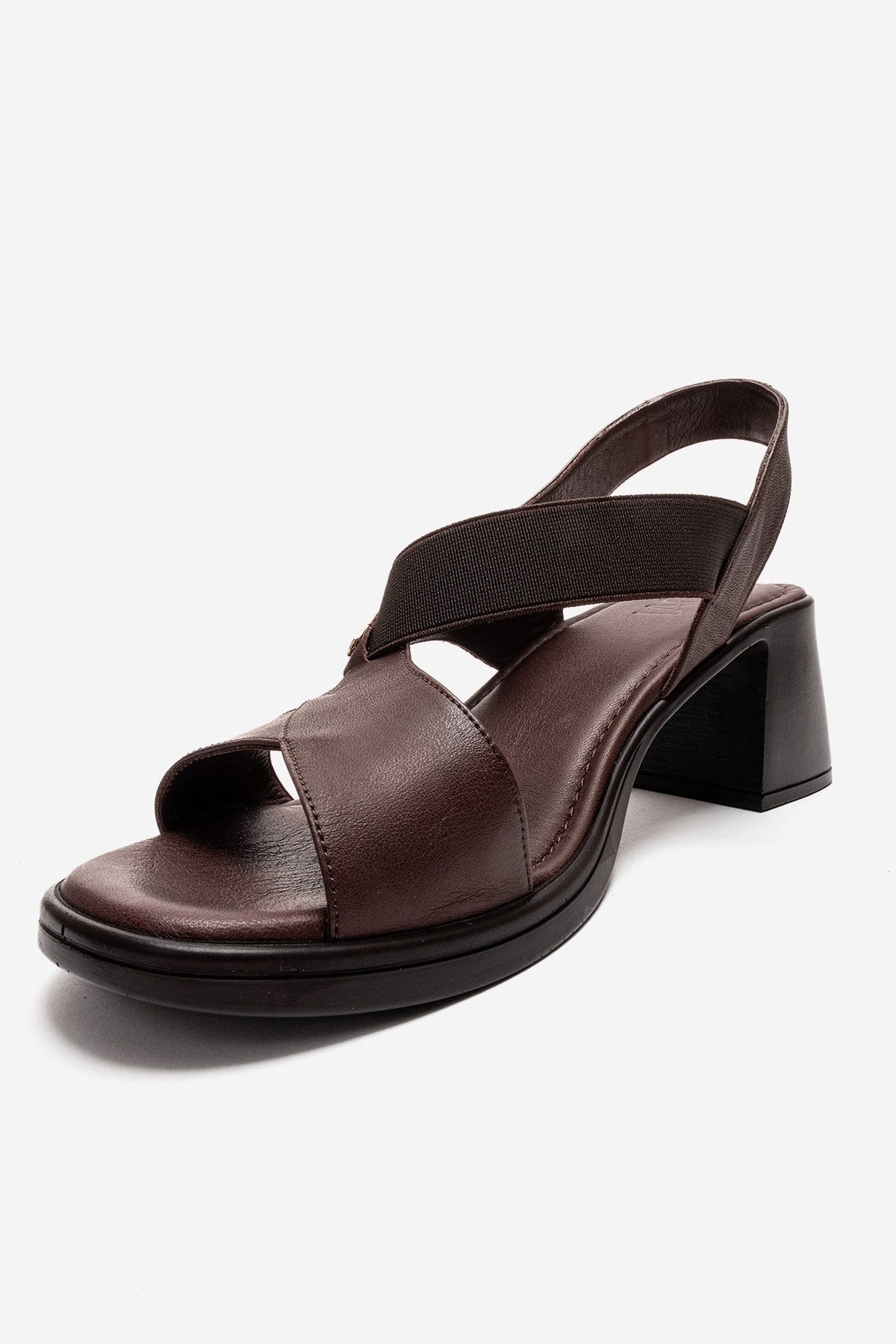 Crina - Brown Genuine Leather Elastic Block Heel Sandal (Women)