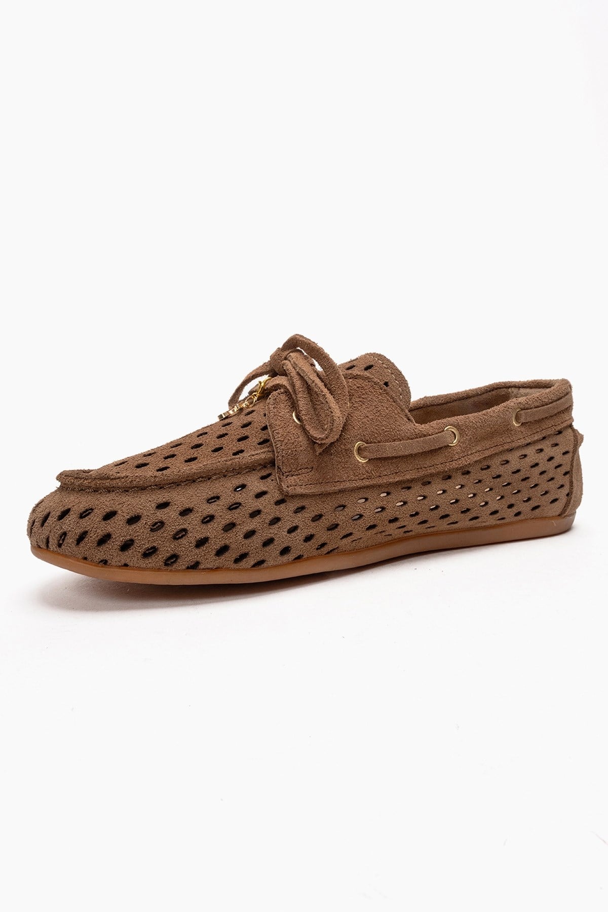 Stevo - Mocasín con cordones perforado de cuero genuino color topo (Mujer)