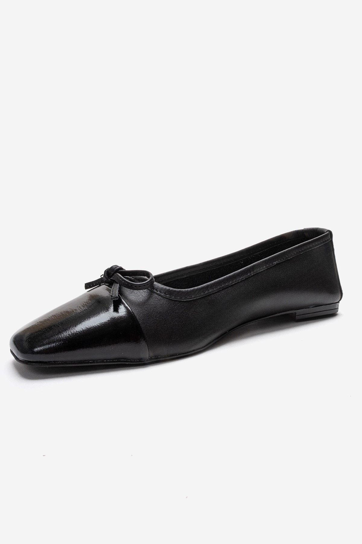 Romy - Black Genuine Leather Square Toe Bow Ballet Flat (Women)