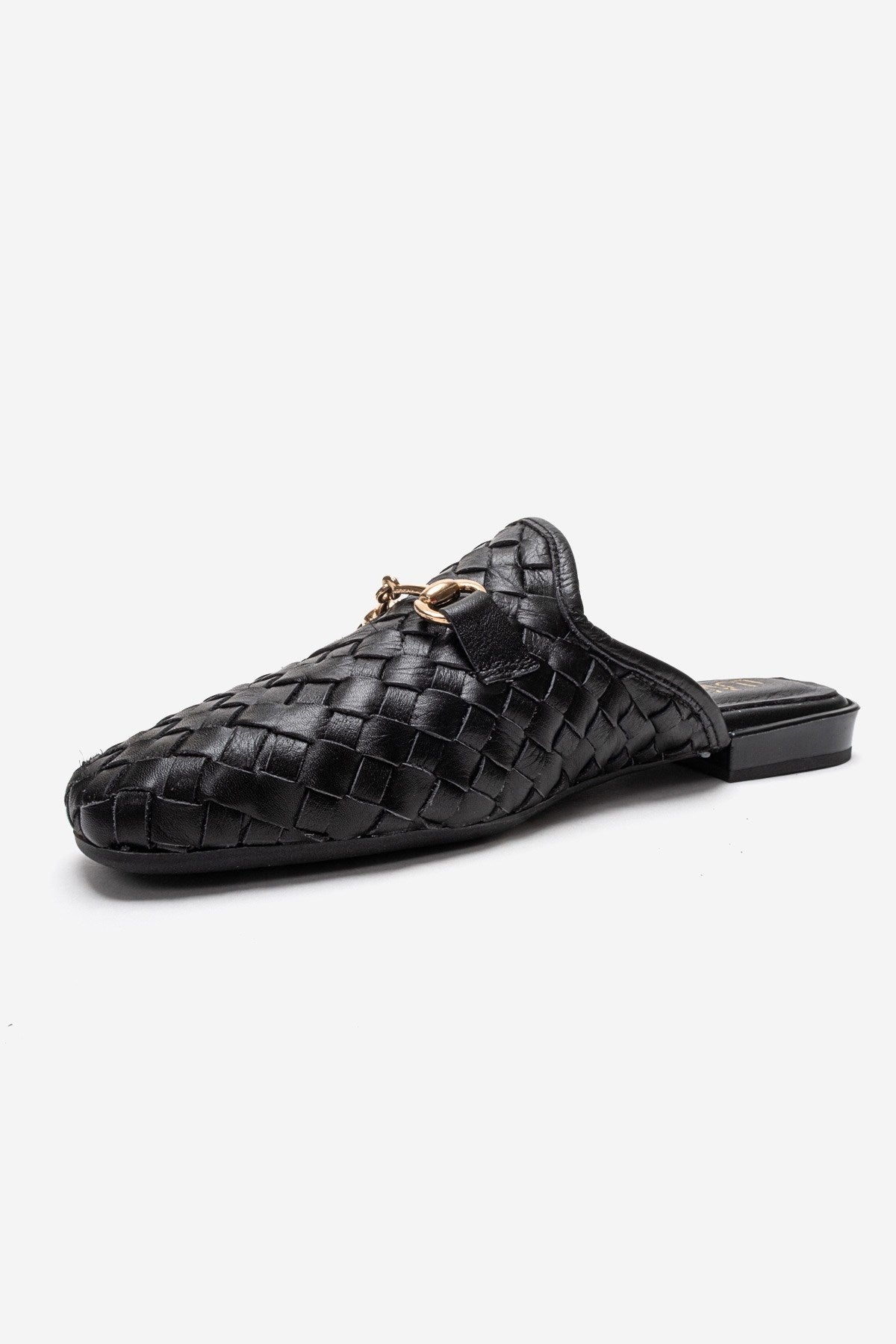 SENIA - Black Woven Genuine Leather Buckled Closed-Toe Mule (Women)
