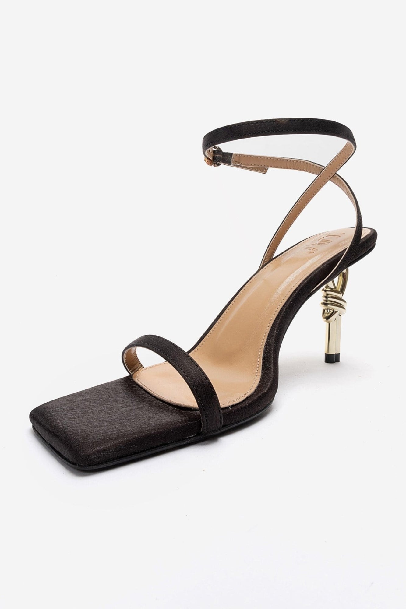 SONE - Black Satin Thin-Strap Gold-Heel Stiletto Pump (Women)