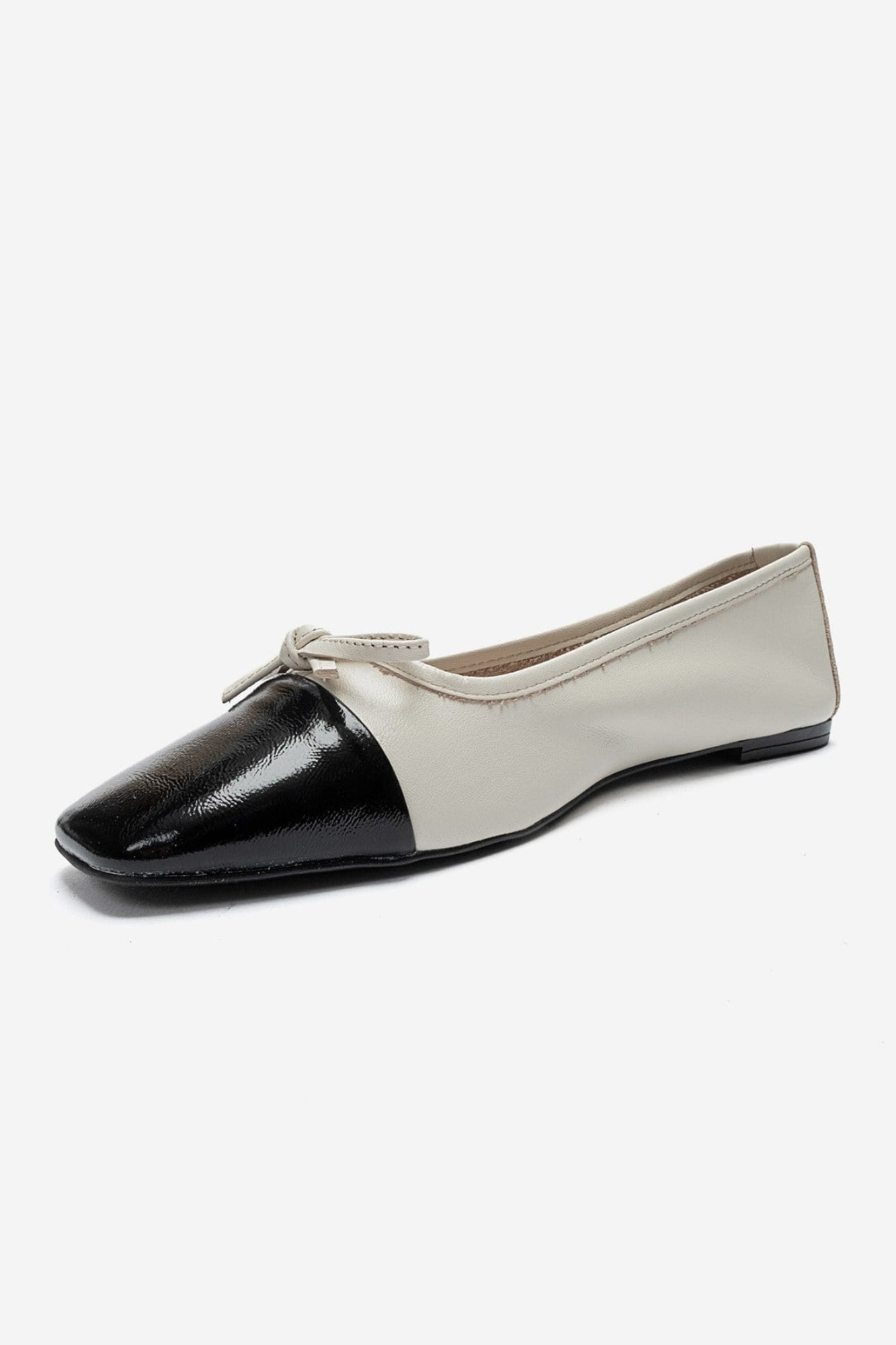 ROMY - Ecru - Black Genuine Leather Square Toe Bow Ballet Flat (Women)