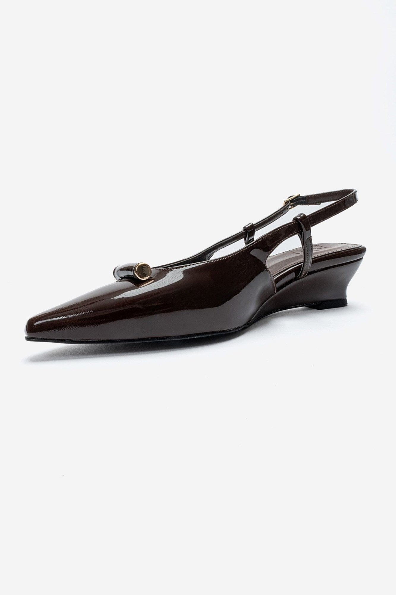 RHEA - Brown Patent Buckle Mini Block Heel Pump (Women)