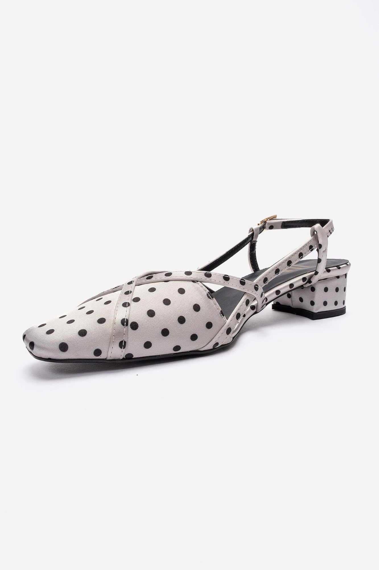 OLENA - White Black Polka Dot Genuine Leather Low Block Heel Sandal (Women)