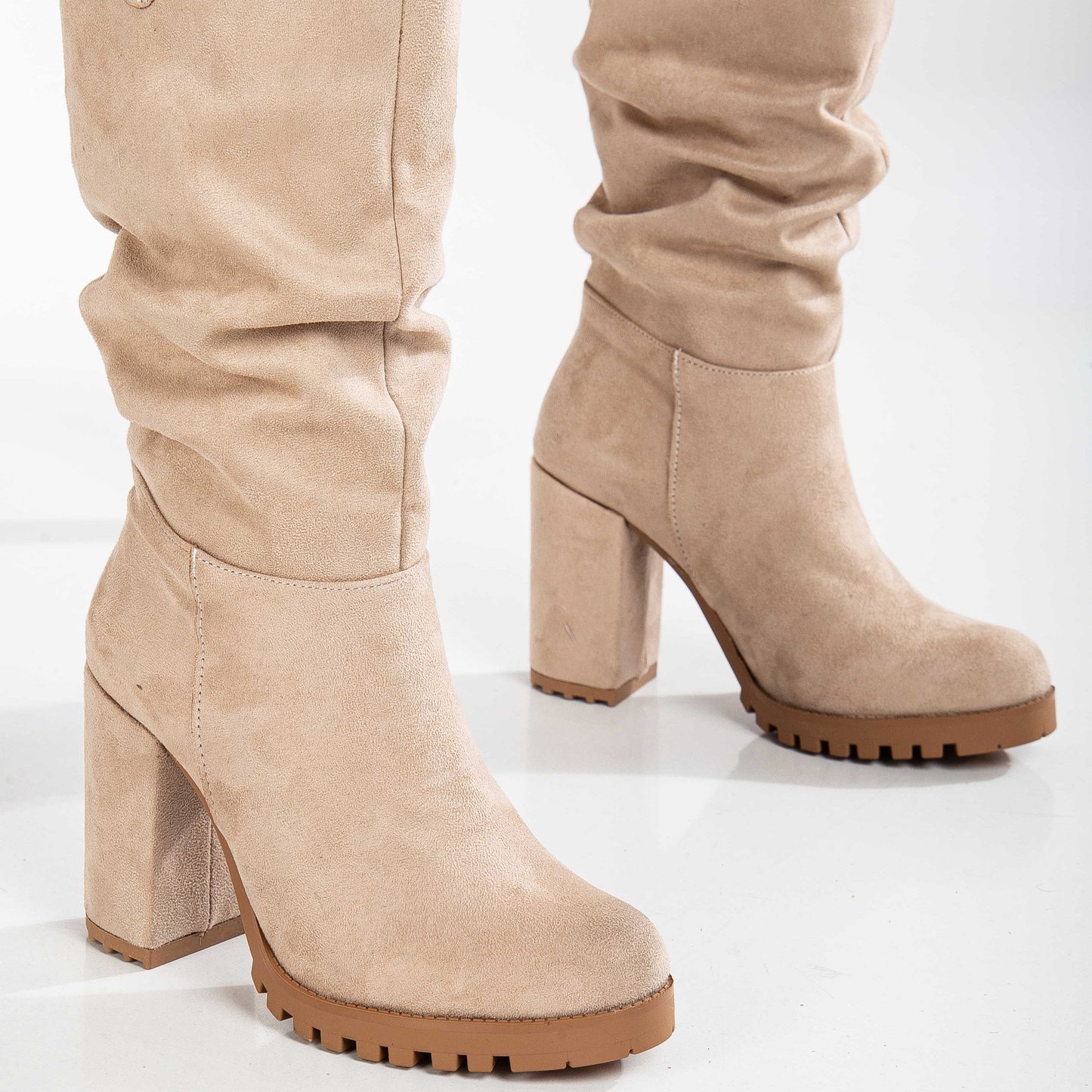 Anais - Beige Suede Slouch Platform Boots
