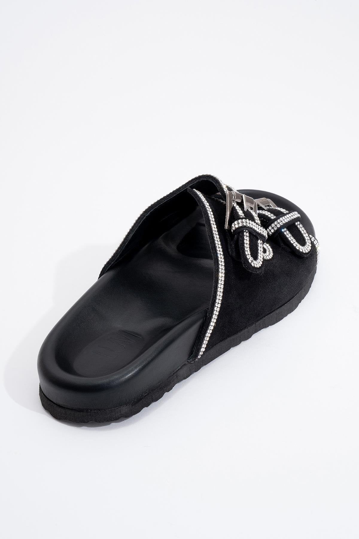 Allen - Sandalia plana de cuero negro con pedrería (Mujer)