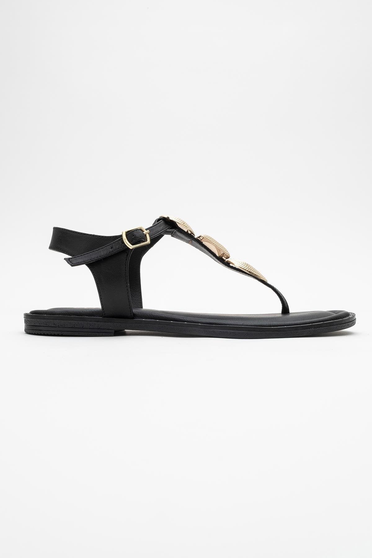 Giulia - Black Leather Flat Sandal (Women)