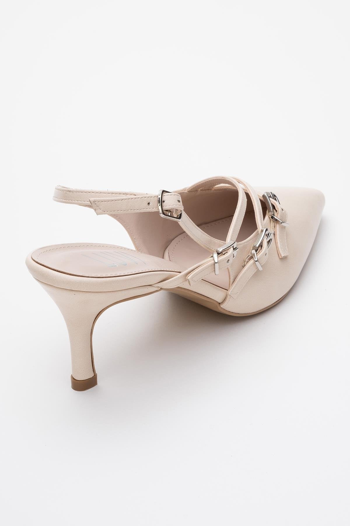 Stiletto Magra Beige Piel con Punta y Correa en el Talón (Mujer)