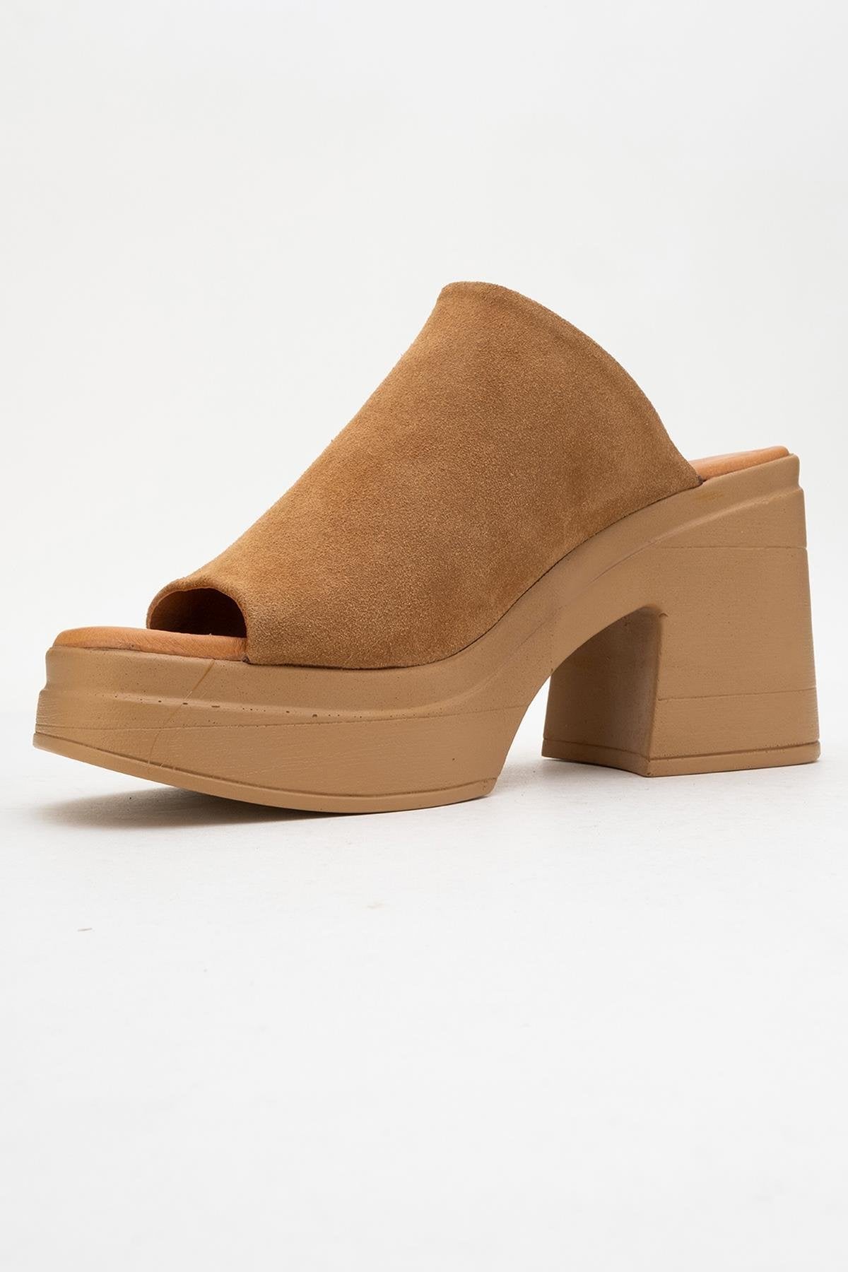 Nola - Cognac Brown Suede Leather Heeled Mules