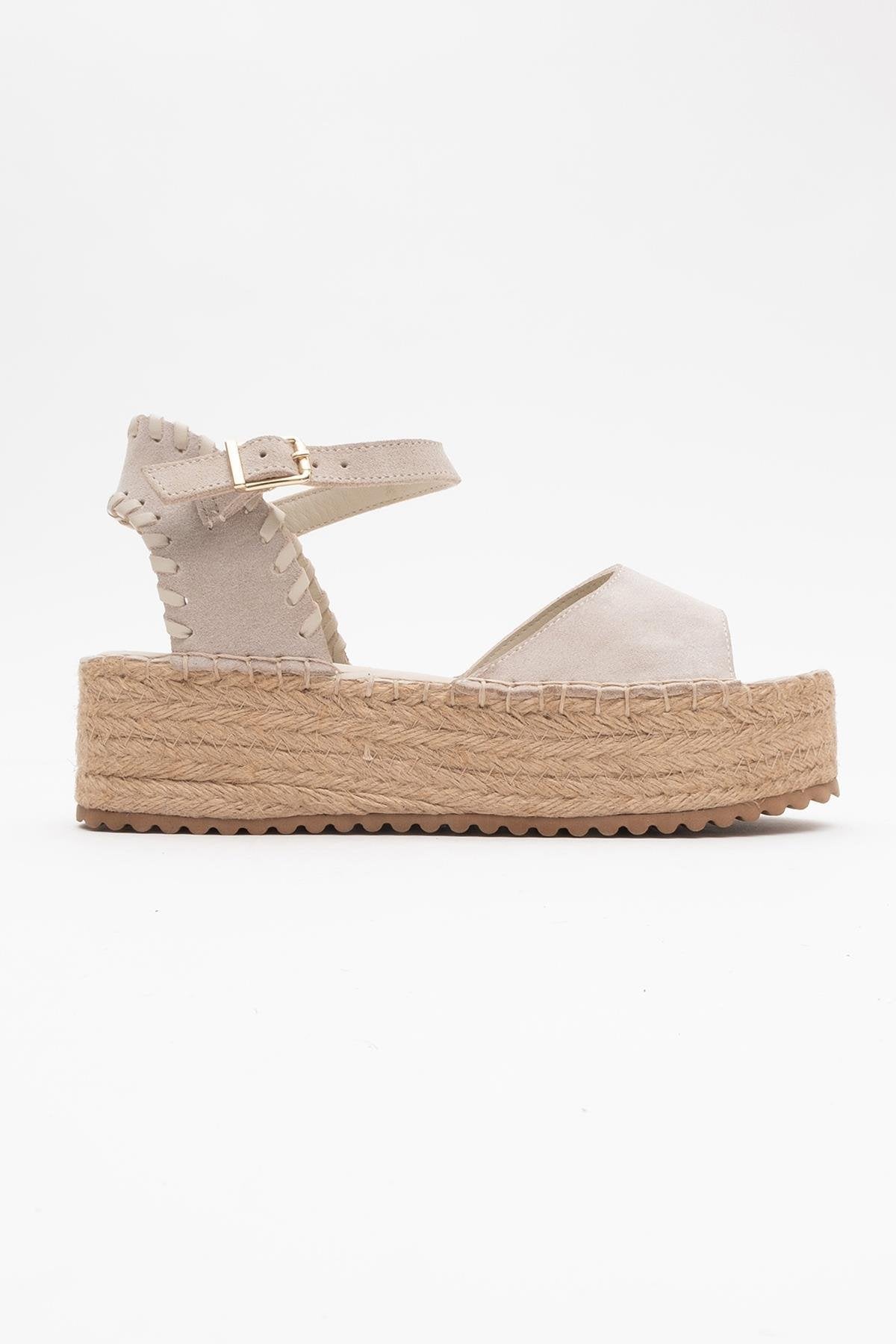 Serez - Beige Suede Leather Platform Espadrilles Sandal (Women)