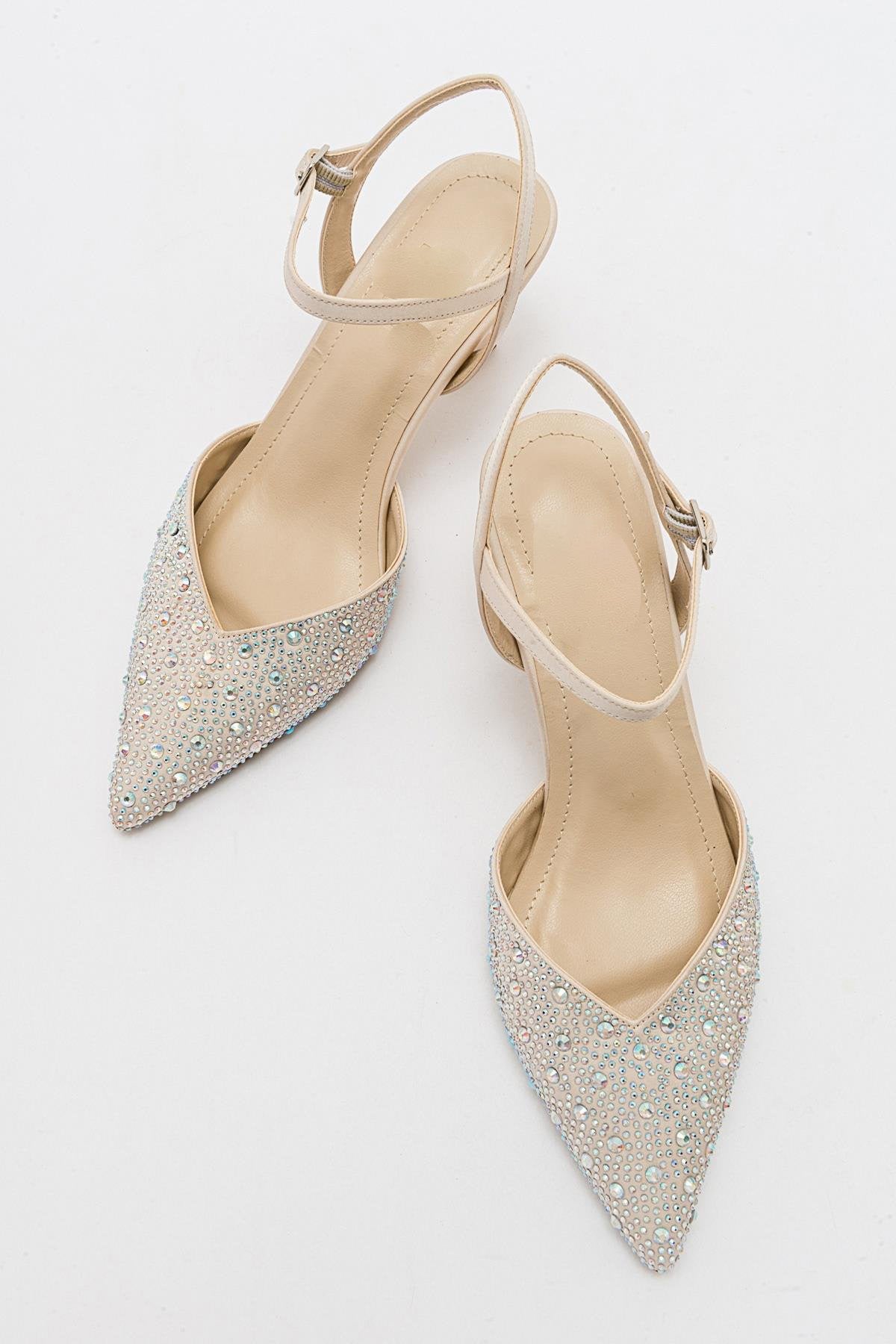 Vilka - Zapatos de tacón bajo con brillos beige y talón abierto