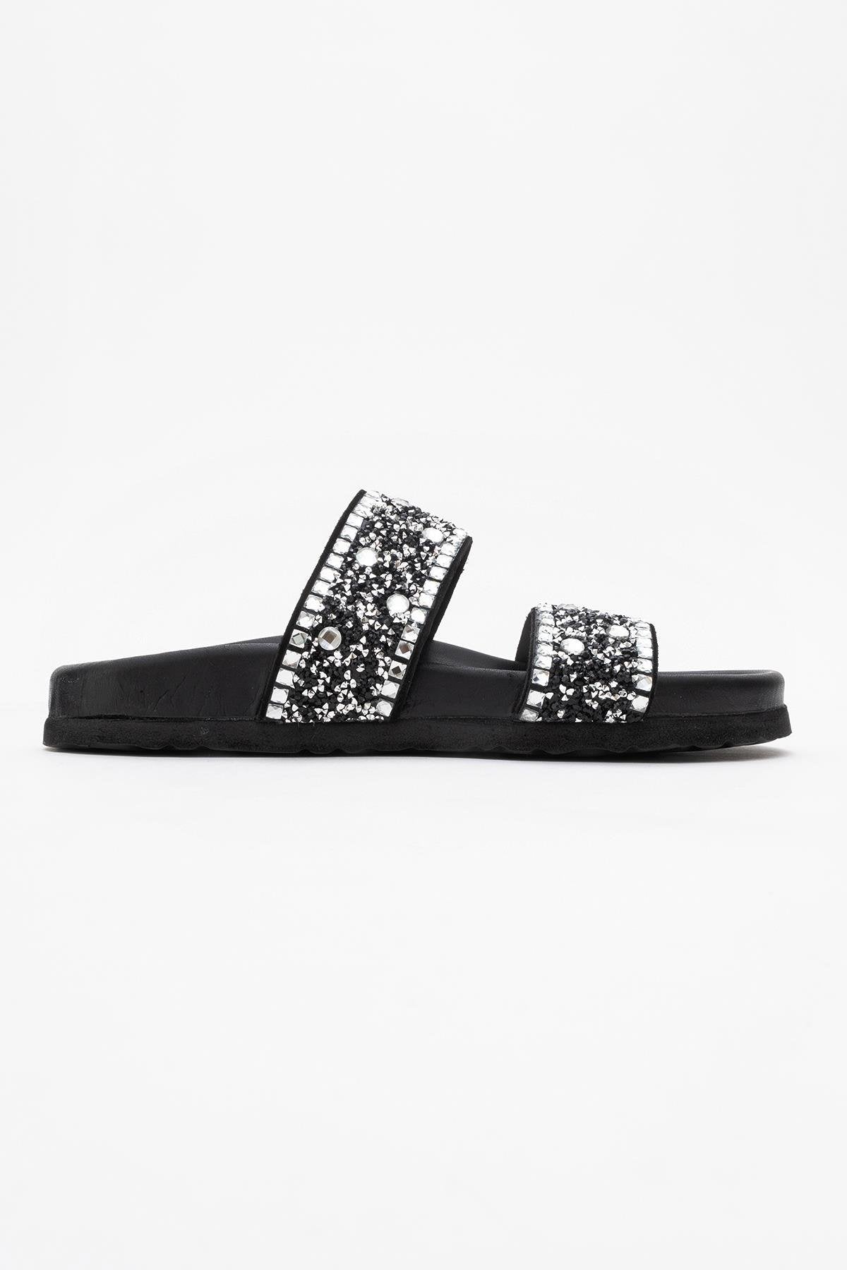 Jamie - Black Leather Double Strap Slide Sandal with Stones (Women)