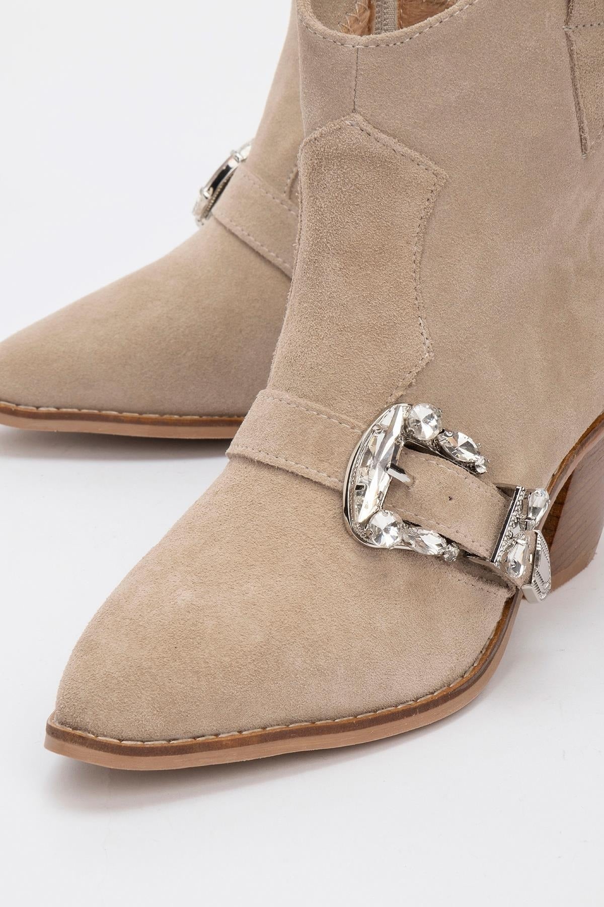 Any Beige Leather Jeweled Boot (Women)