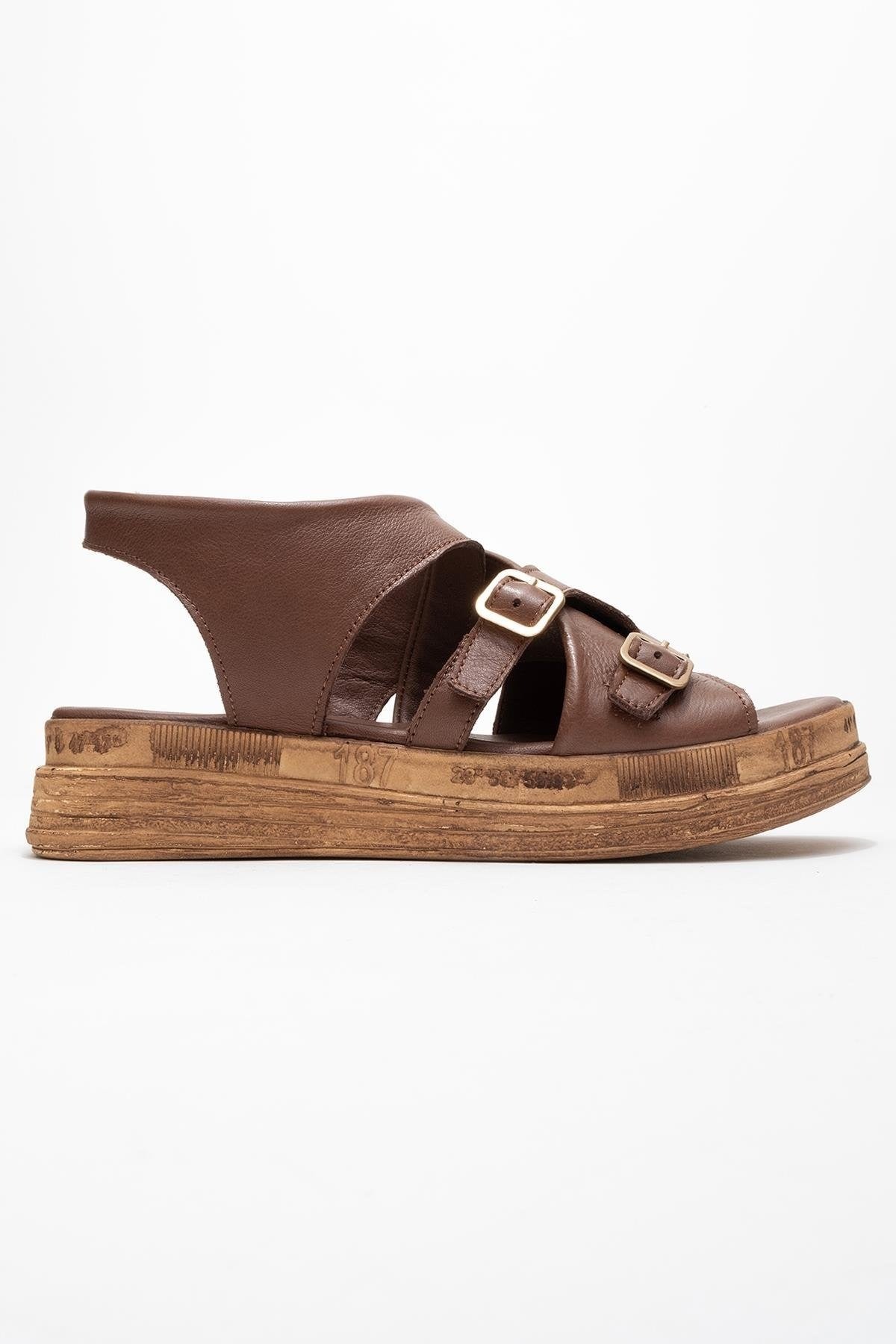 Levine Brown Leather Buckled Side-Zip Sandal (Women)
