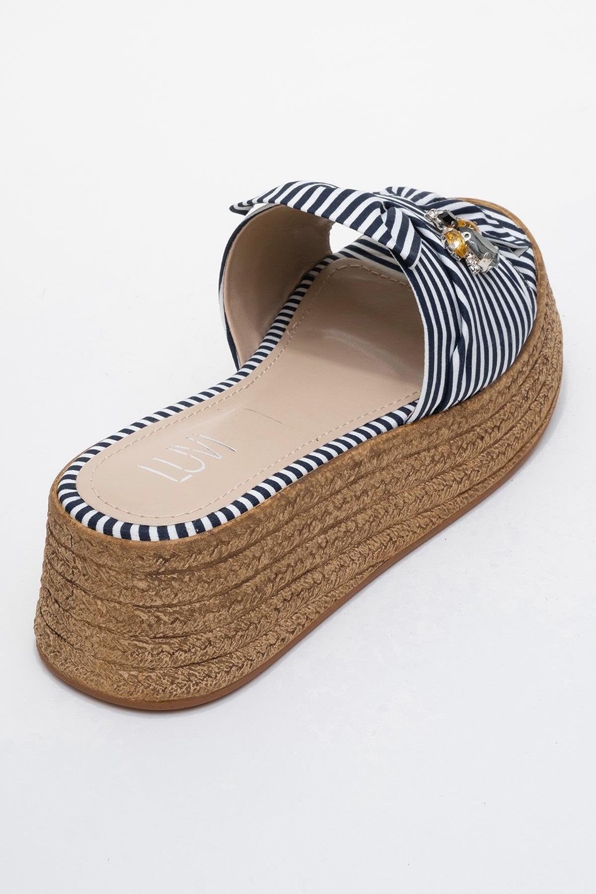 Sandalias Shara de plataforma con lazo y hebilla de abeja, a rayas azul marino y blanco (mujer)