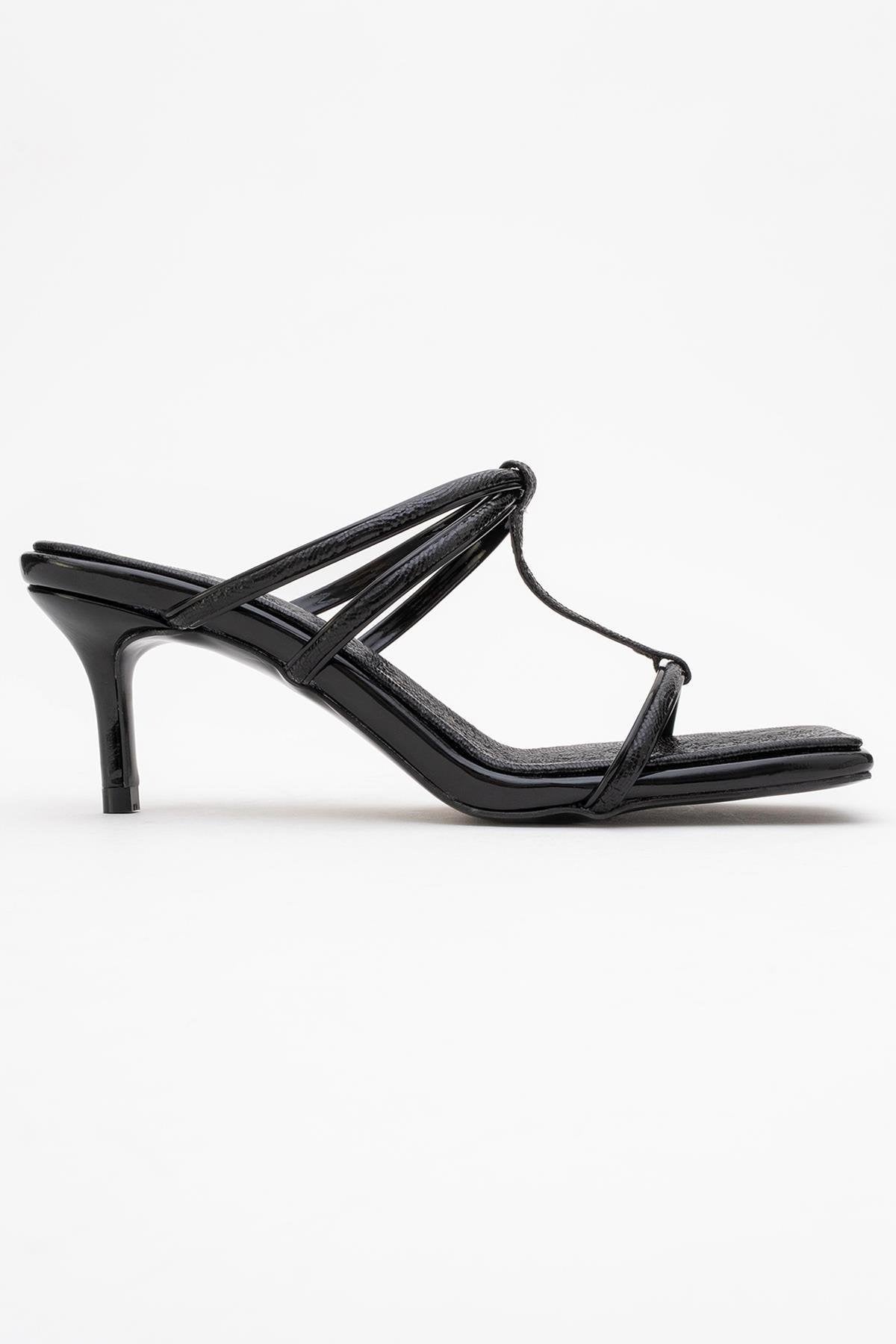 Mocha Black Pattern Square‑Toe Thin‑Strap Heel Sandal (Women)