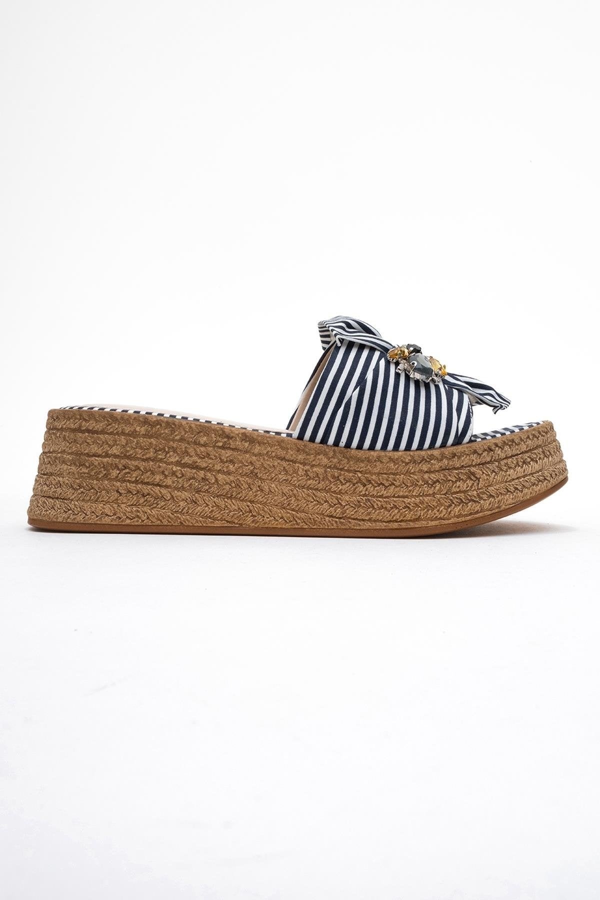 Shara Navy & White Striped Bow & Bee Buckle Platform Sandal (Women)