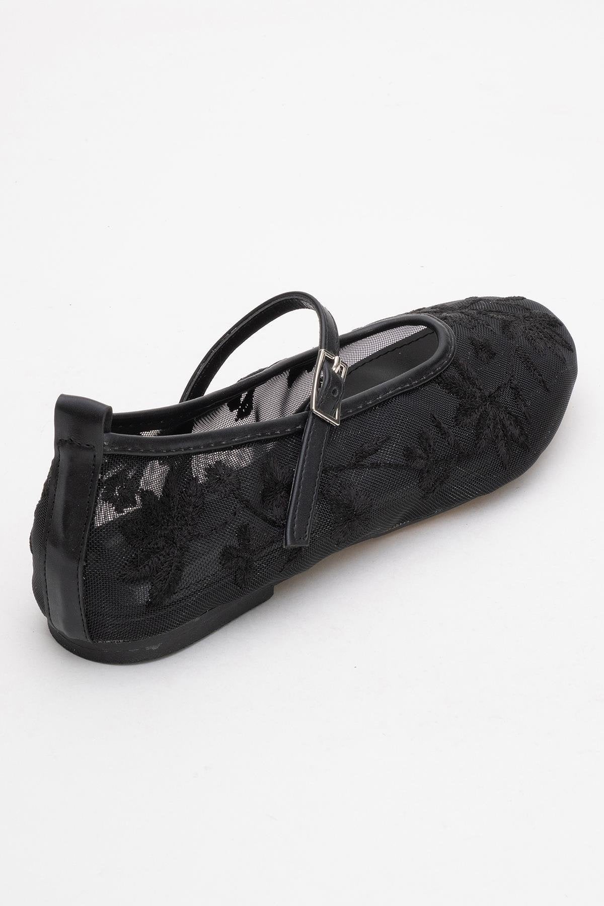 Bailarinas planas Juny con bordado floral de malla negra (Mujer)