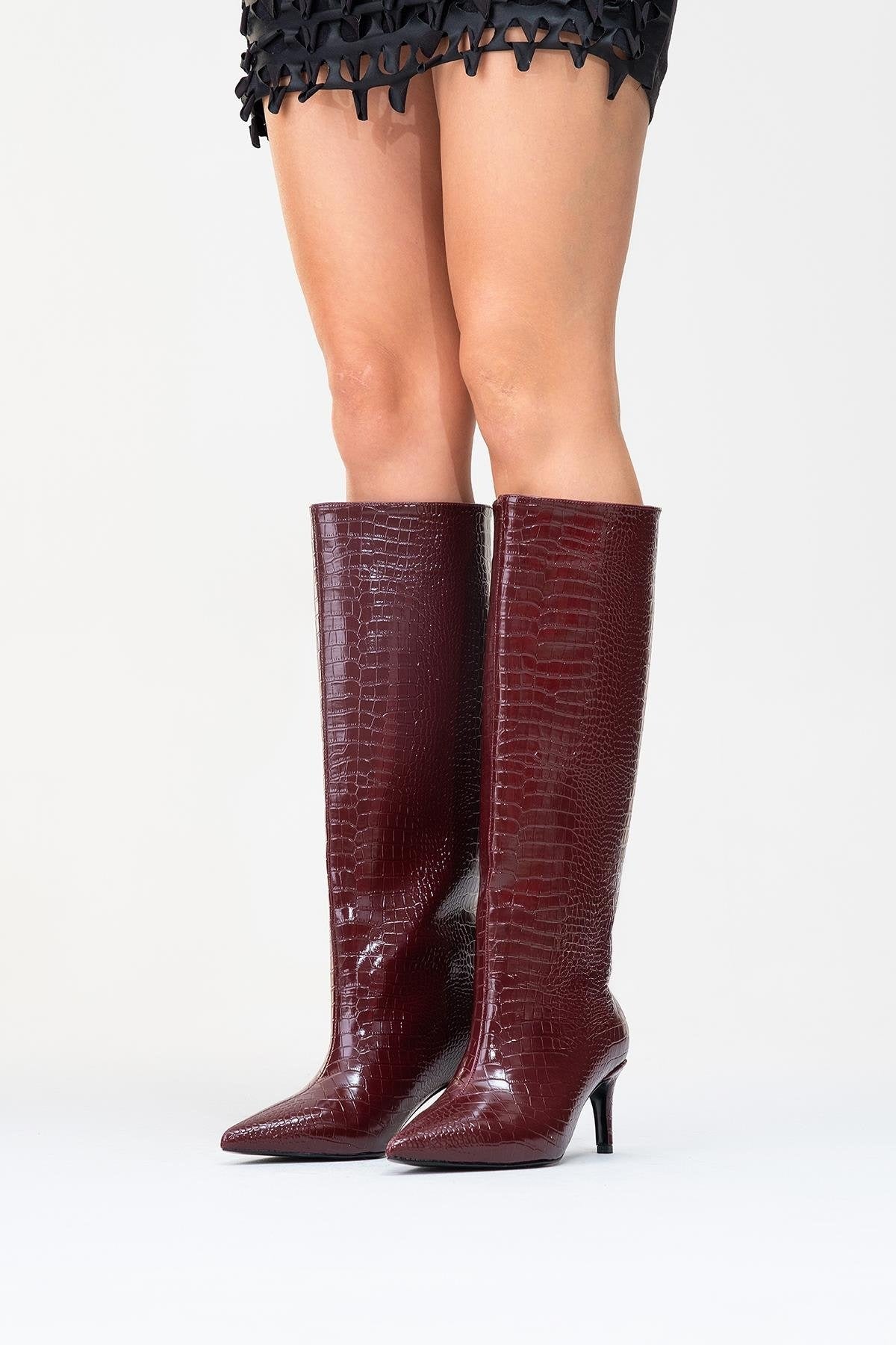 Camila Burgundy Printed Knee High Boot (Women)