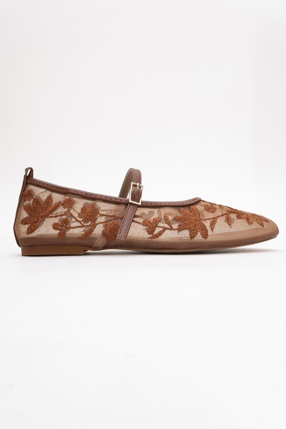 Juny Cognac Brown Mesh Floral Embroidery Ballet Flat (Women)